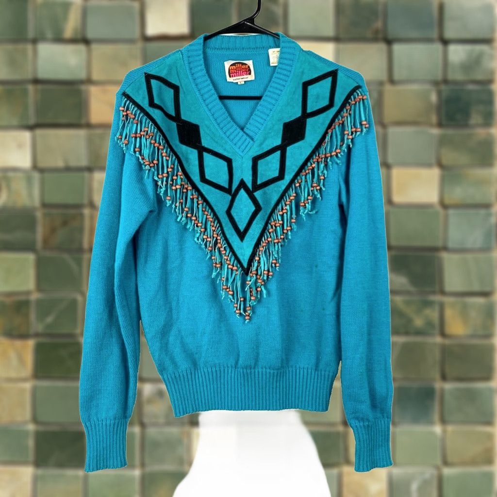 Vintage VINTAGE Miller V-Neck Fringe Western Beaded Suede Sweater Mens Womens L Teal Blue Knit Pullover Fringe 100% Acrylic and Suede Accent Size L / US 10 / IT 46 - 1 Thumbnail