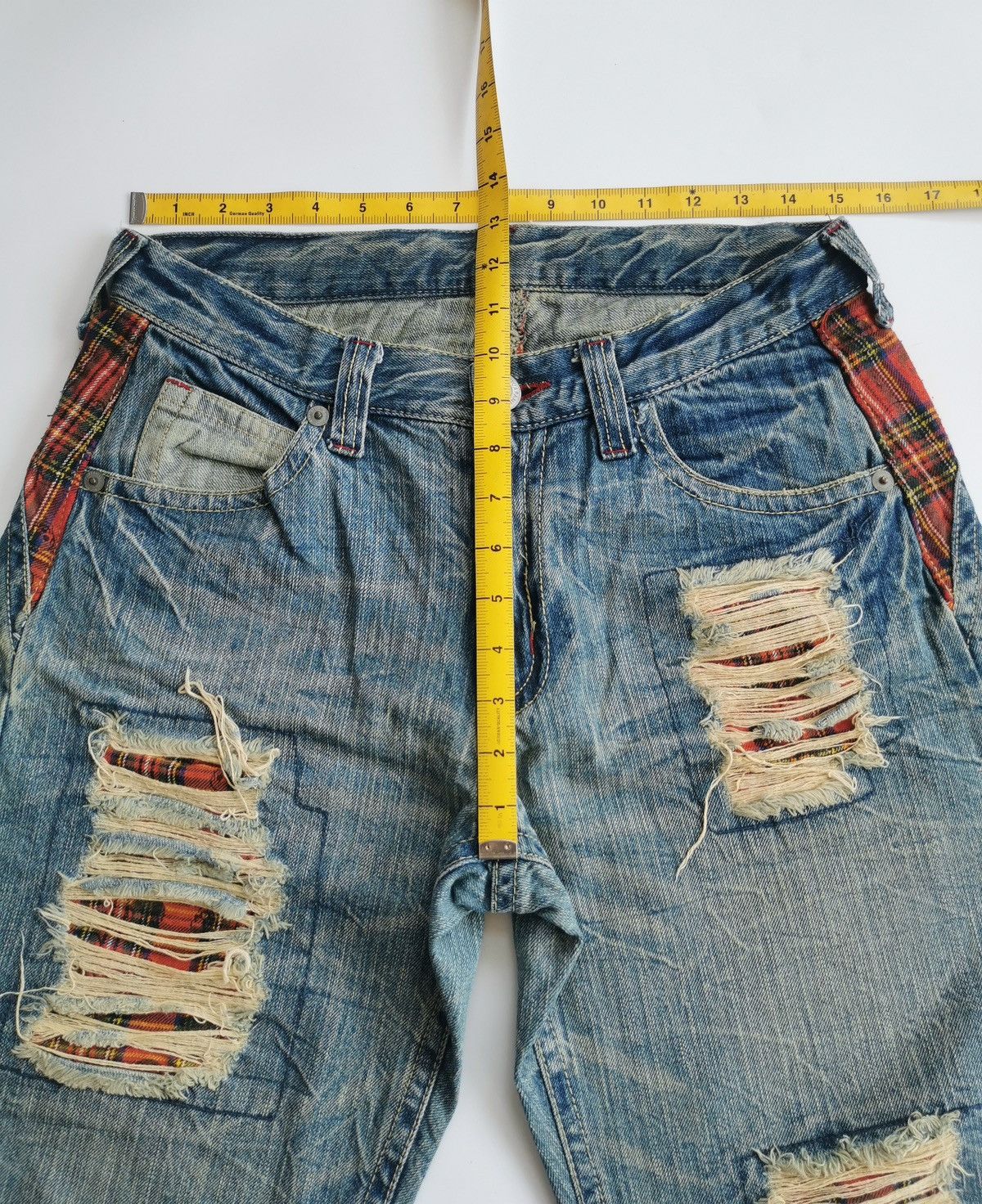 Seditionaries Skull Red Tartan Patchwork Tapered Denim Jeans Size US 30 / EU 46 - 10 Thumbnail