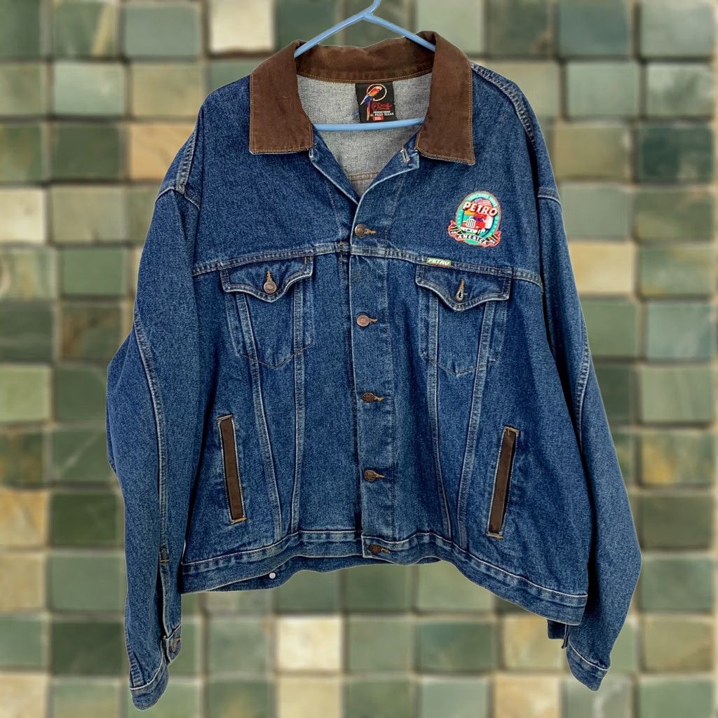 Etro VINTAGE Petro 90s Denim Jacket XXL Brown Blue Twill Ed Parrott Classic Outdoor Button Embroidered Logo Mens Size US 39 - 1 Thumbnail
