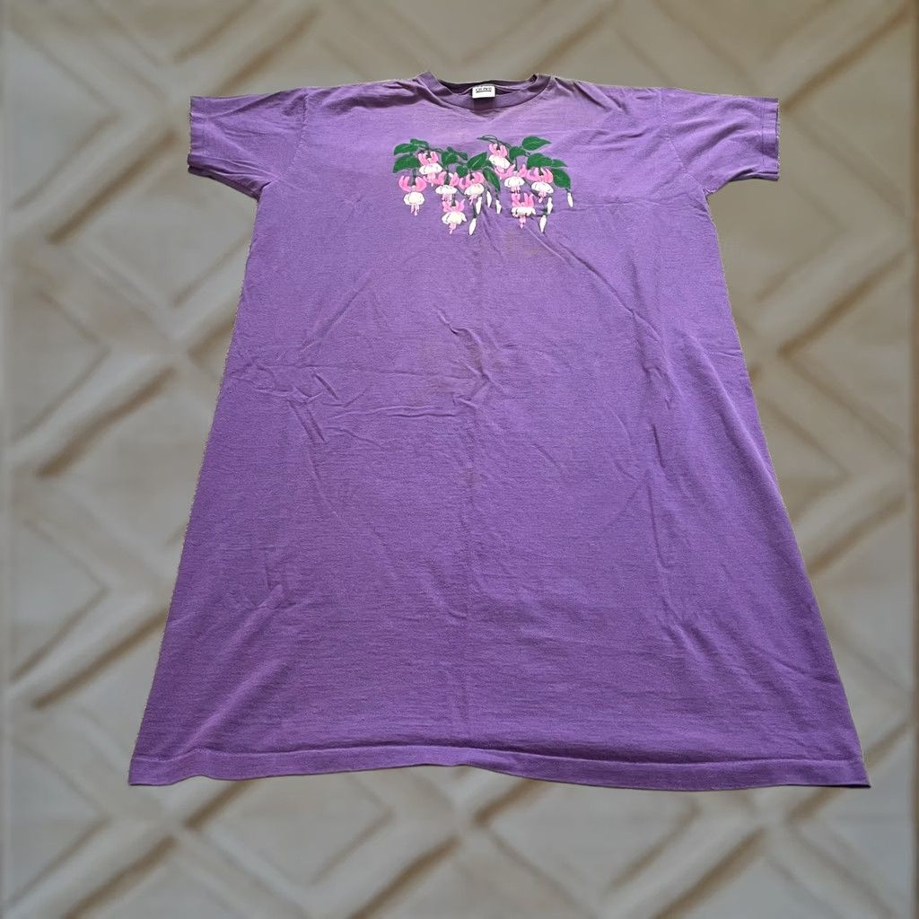 Anvil VINTAGE Anvil Tunic T Shirt Dress Womens One Size Purple Floral Short Sleeve Cotton Top Size ONE SIZE - 1 Thumbnail