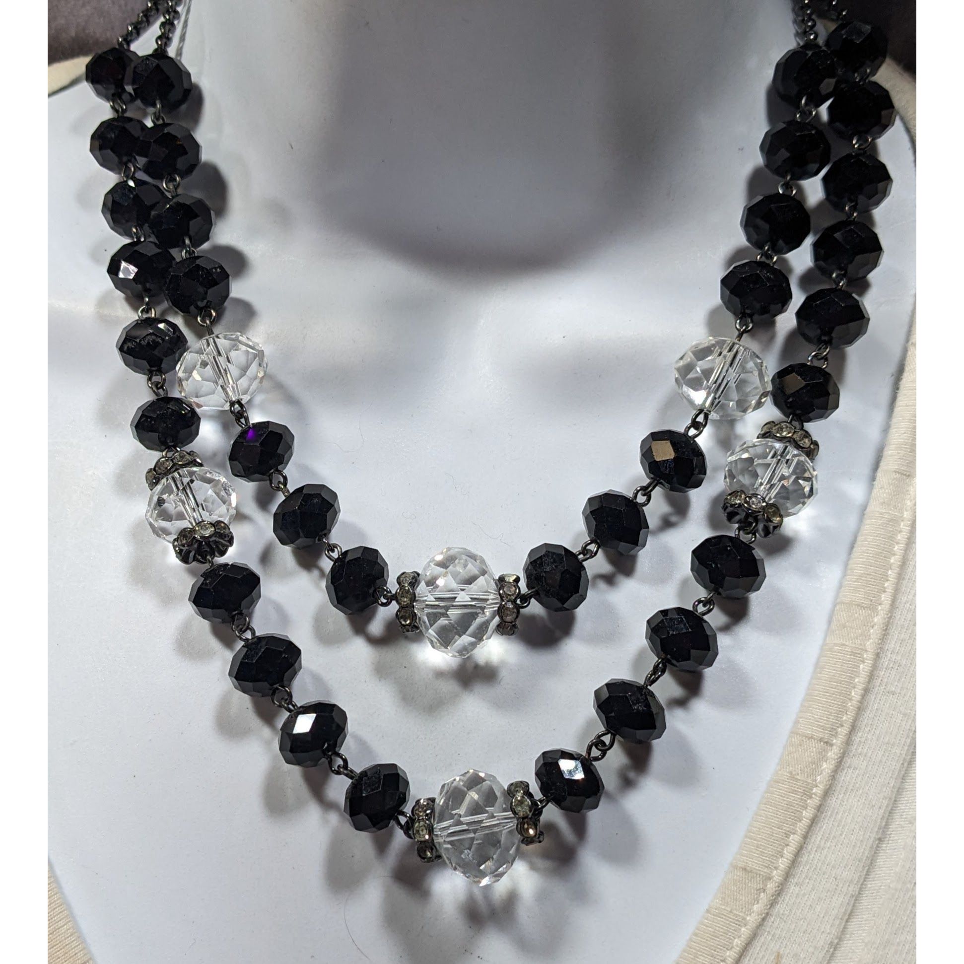 Other Vintage Crown Trifari Black And Clear Glass Beaded Layered N Size ONE SIZE - 2 Thumbnail