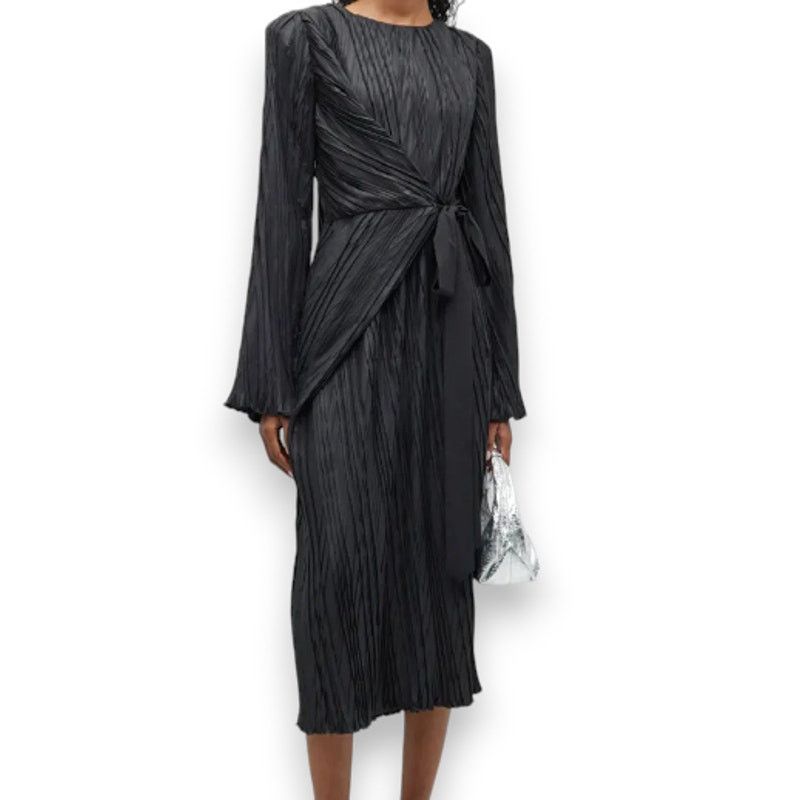 image of Róhe Pleated Long Sleeve Wrap Dress in Black, Women's (Size Medium)