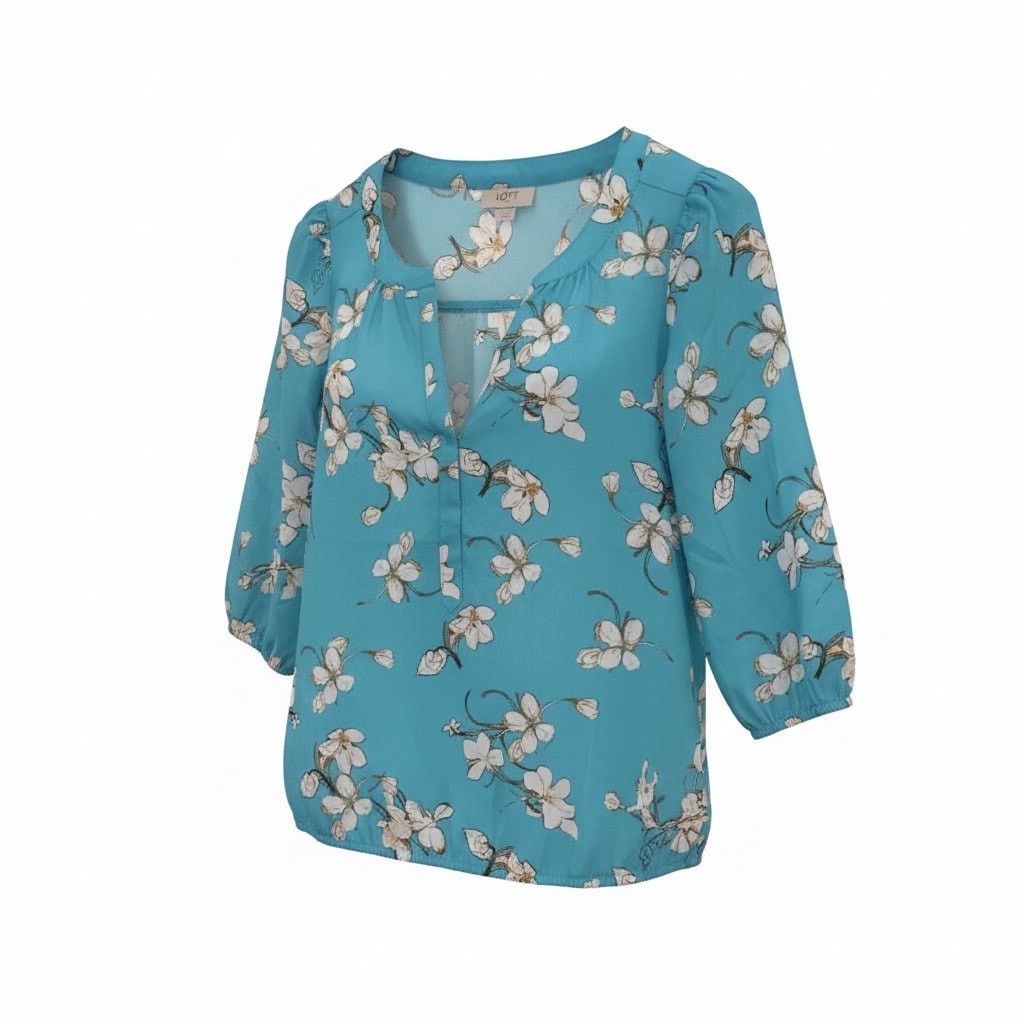 Loft LOFT Women’s XS Turquoise Floral Blouse 3/4 Sleeve V-Neck Size XS / US 0-2 / IT 36-38 - 1 Thumbnail