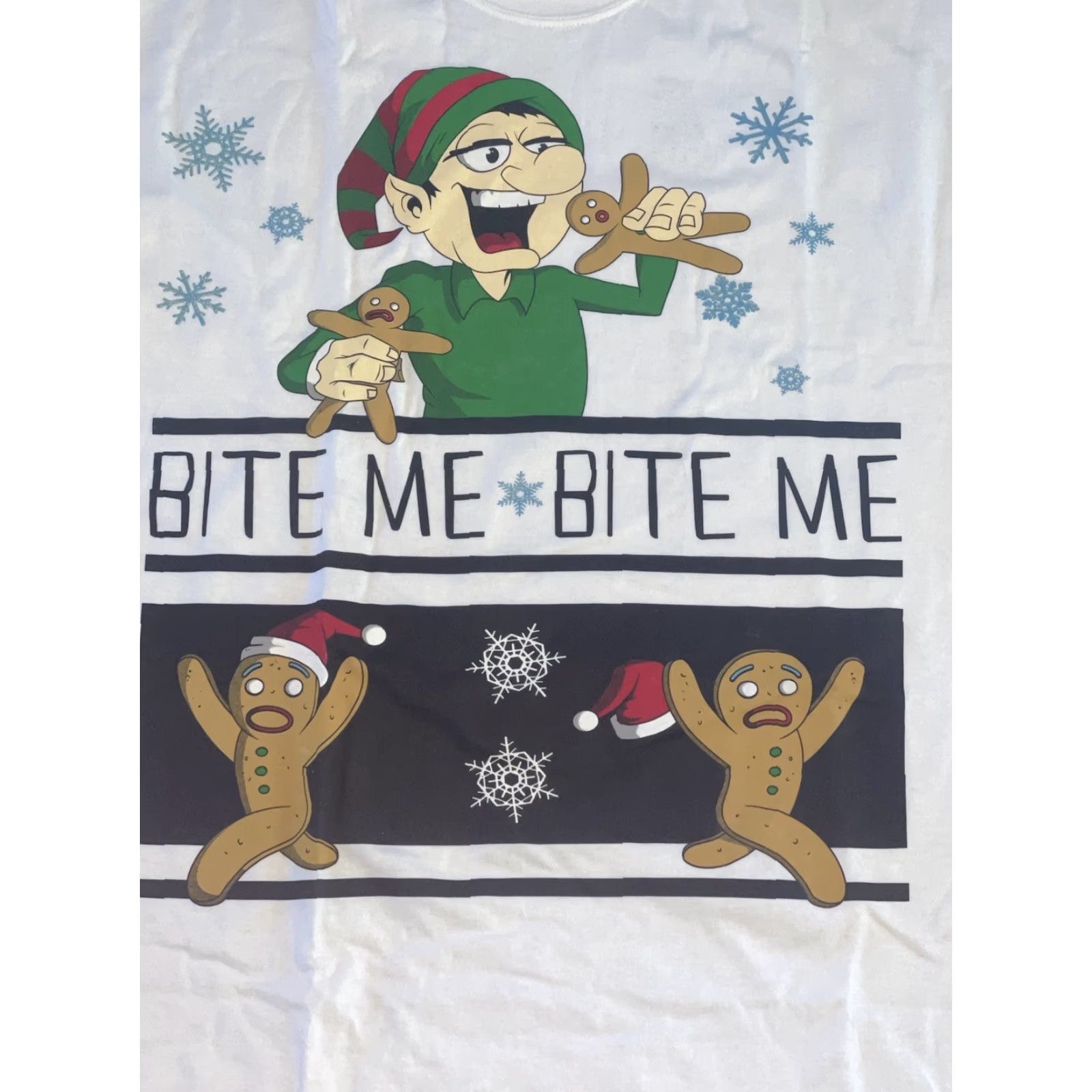 Gildan Bite Me Elf Gingerbread Man Christmas T-Shirt 2XL White Graphic Tee Mens Xmas 2XL Brand-New Size US XXL / EU 58 / 5 - 2 Thumbnail