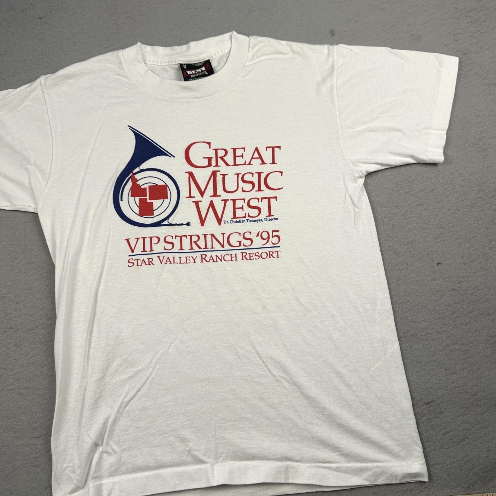 Fruit Of The Loom VINTAGE Fruit of the Loom Great Music West VIP Strings '95 Star Valley Mens Medium White T-Shirt Crew Neck Graphic Print 90s Music Men Size US M / EU 48-50 / 2 - 4 Thumbnail