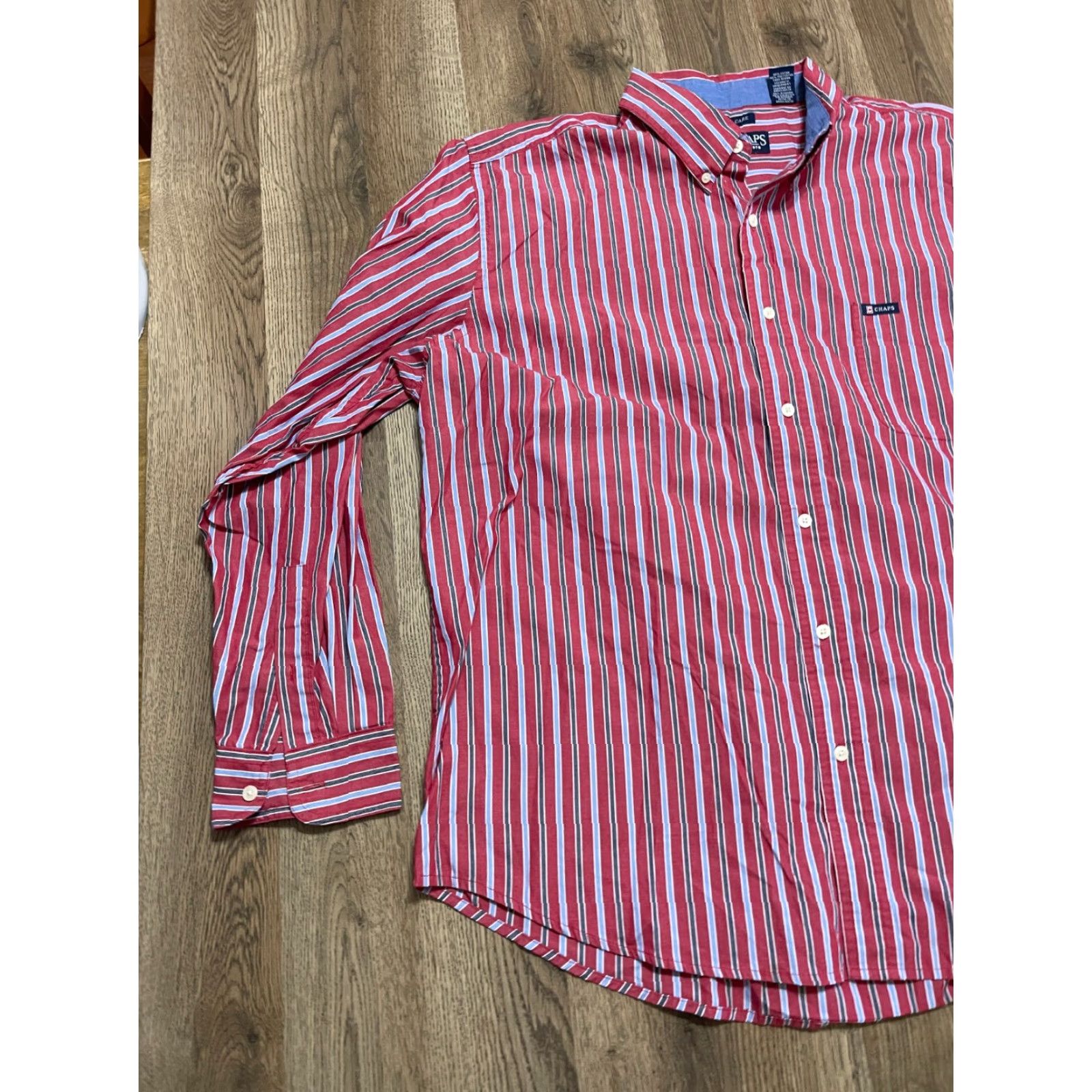 Chaps CHAPS Shirt Mens Medium Red Blue White Striped Button Up Shirt Dress Shirt Size 40R - 3 Thumbnail
