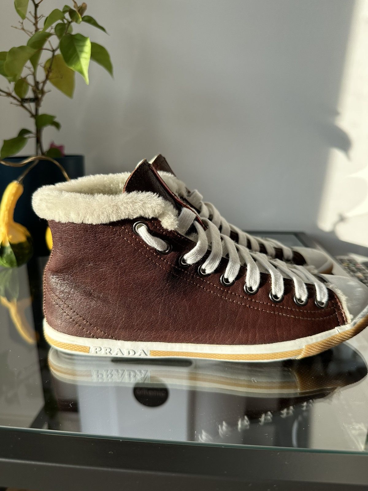Prada Prada leather high top fur lining warm sneakers shoes Size US 6 / IT 36 - 3 Thumbnail