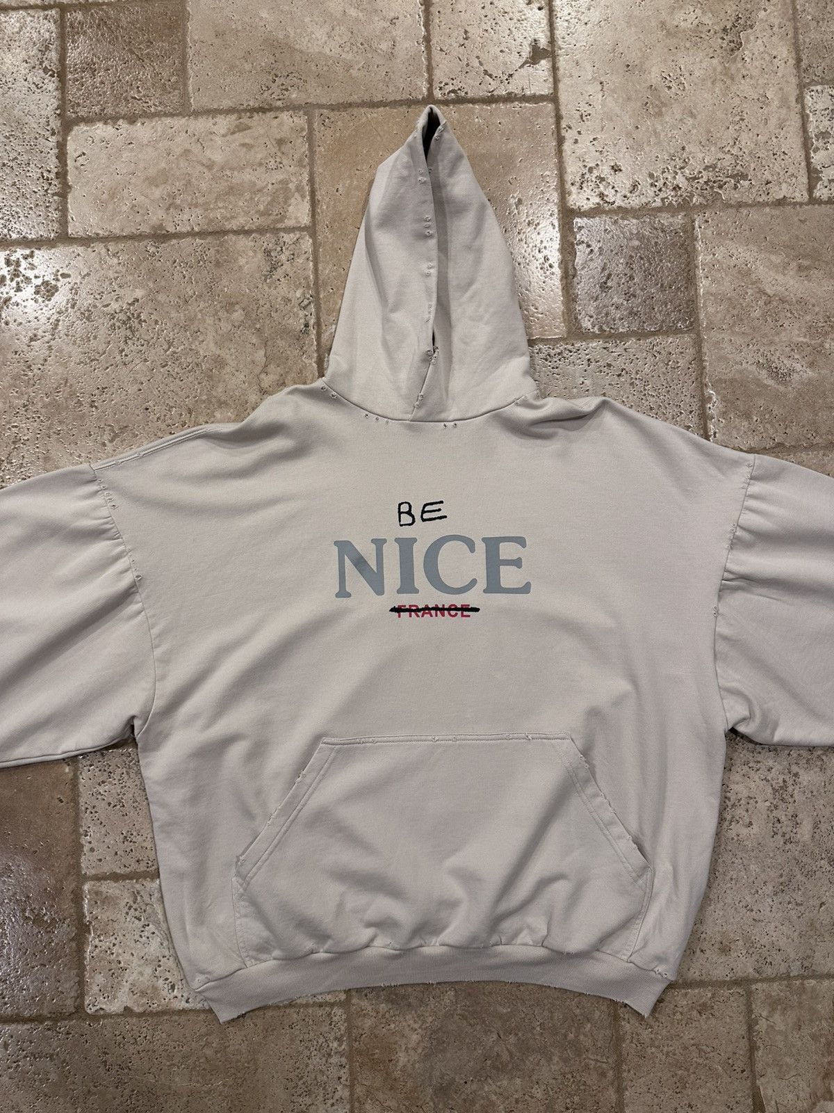 Balenciaga Balenciaga “Be Nice” Light Biege 2023 Distressed Hoodie Size US XL / EU 56 / 4 - 5 Thumbnail