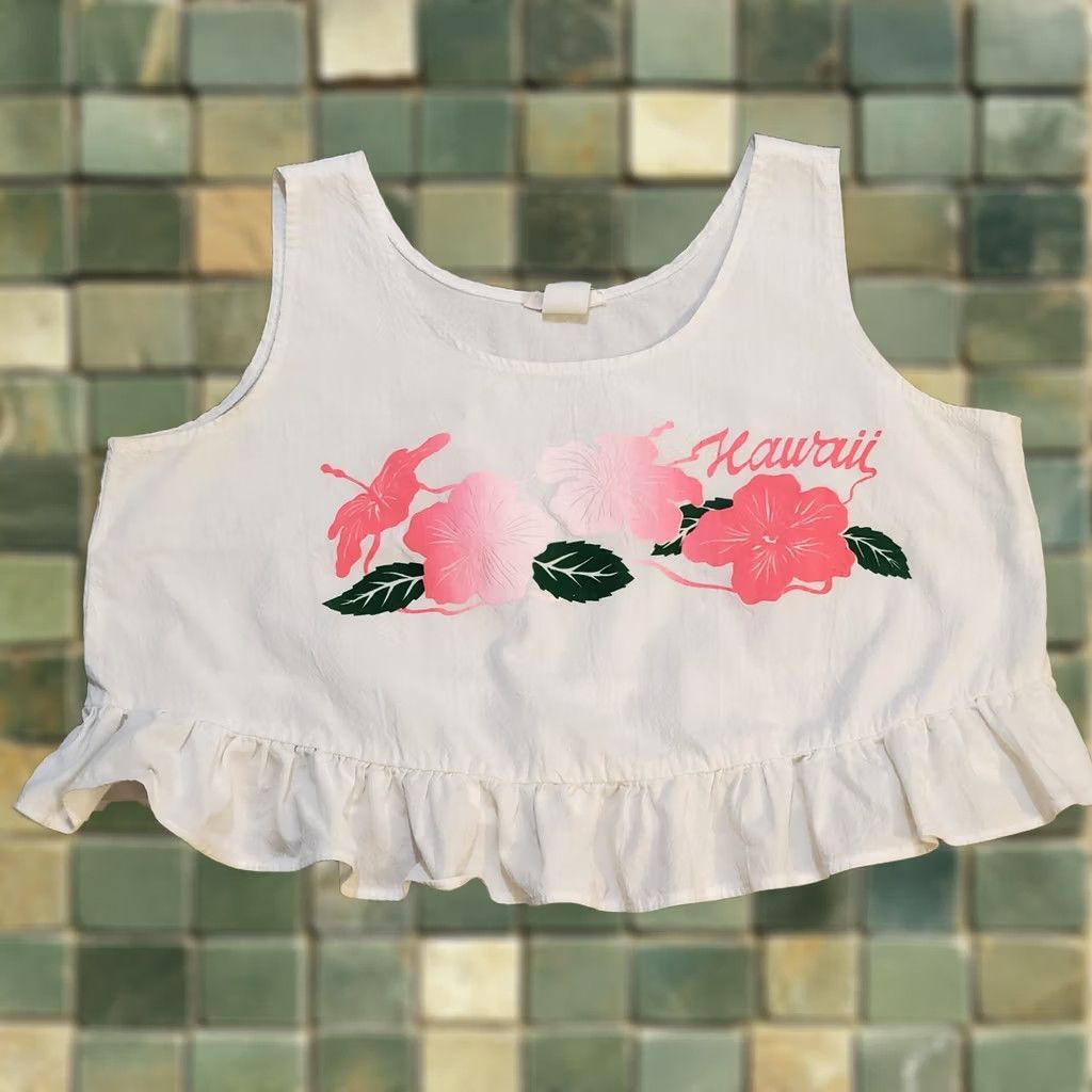 Vintage VINTAGE Hawaii Cropped Ruffle Tank Top Large White Linen 90s Resort Summer Travel Womens Size L / US 10 / IT 46 - 1 Thumbnail