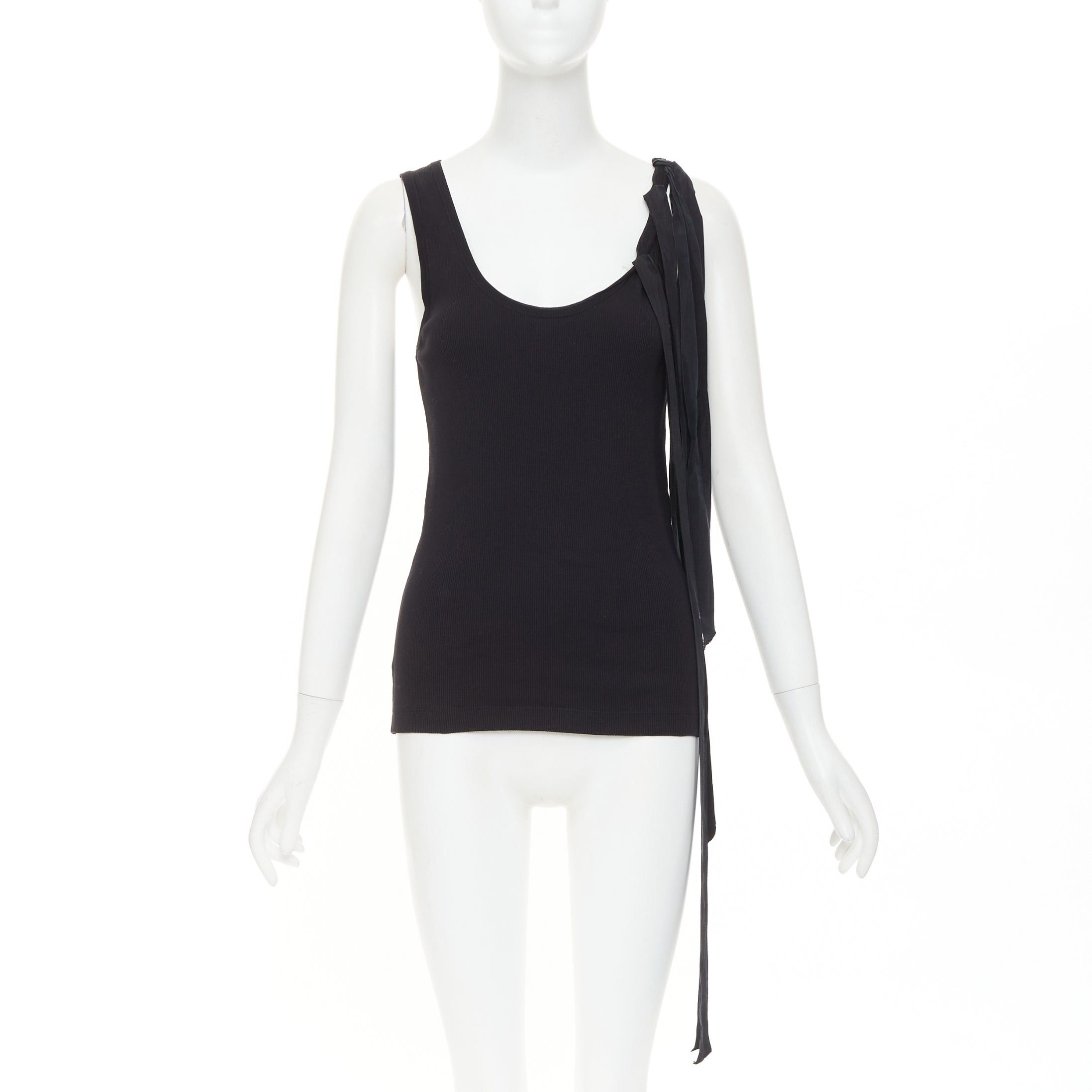 Dries Van Noten DRIES VAN NOTEN 2020 black ribbed cotton long ribbon shoulder tank top M Size M / US 6-8 / IT 42-44 - 1 Thumbnail