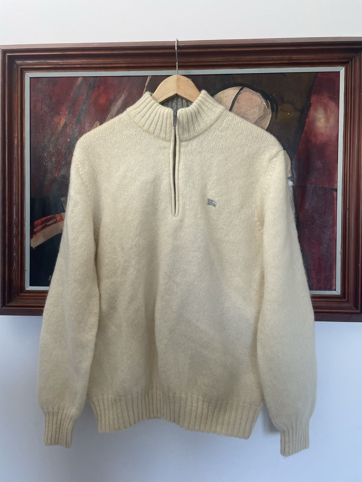 image of Burberry London 1/4 Zip Wool Knit Old Money Style Hype in Cream, Men's (Size Medium)