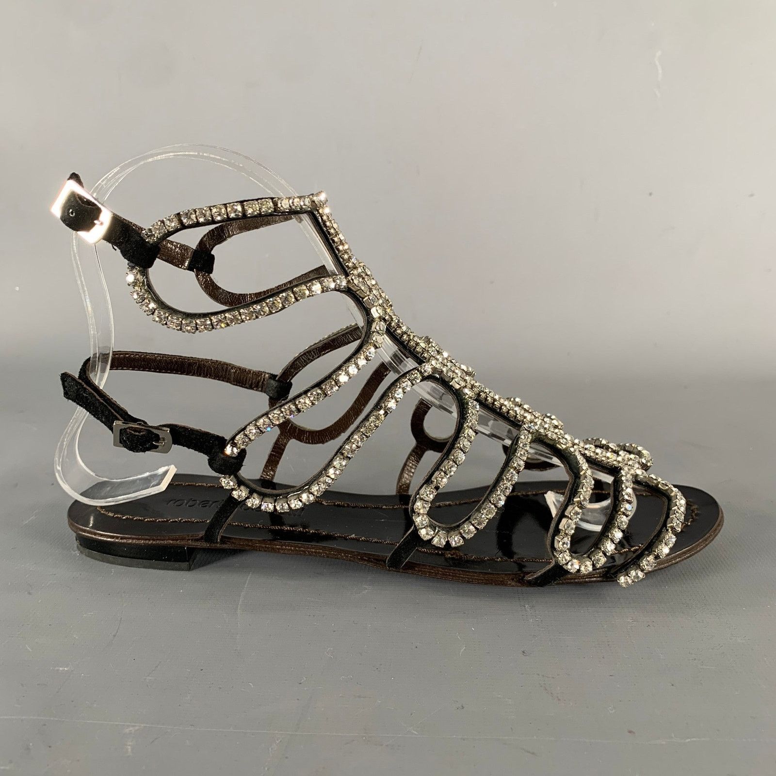 Roberto Cavalli Size 7 Black Rhinestone Leather Gladiator Sandals Size US 7 / IT 37 - 2 Thumbnail