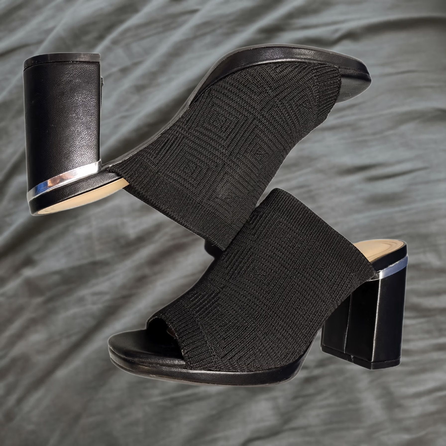 Vintage Adrienne Vittadini Aimie Heeled Slide Sandals Womens Size 5M Black Stretch Knit Size US 5 / IT 35 - 1 Thumbnail