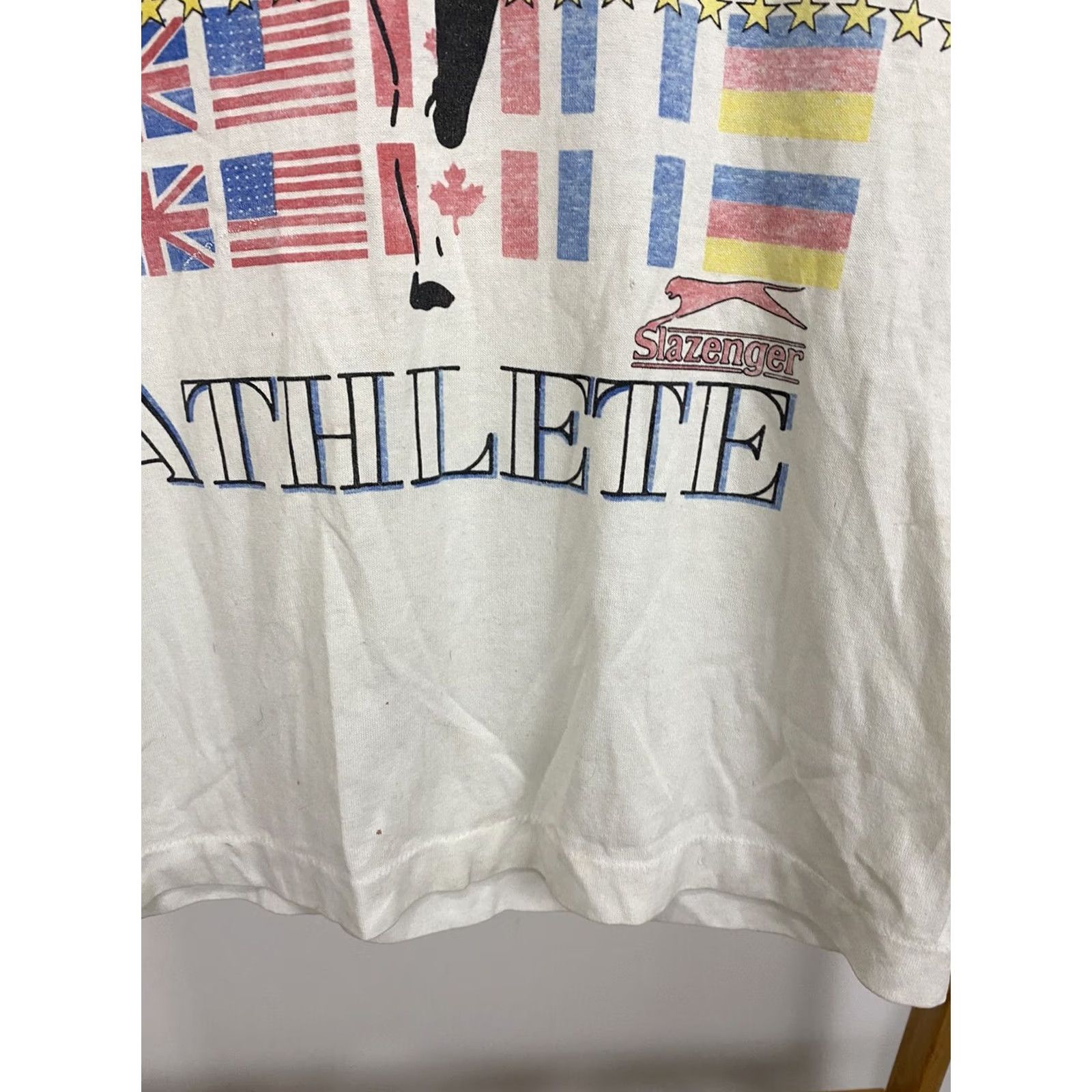 Vintage VTG 80s Slazenger American Athlete Runner Marathon Burn Out Paper Thin T-Shirt M White Short Sleeve Mens Size US M / EU 48-50 / 2 - 6 Thumbnail