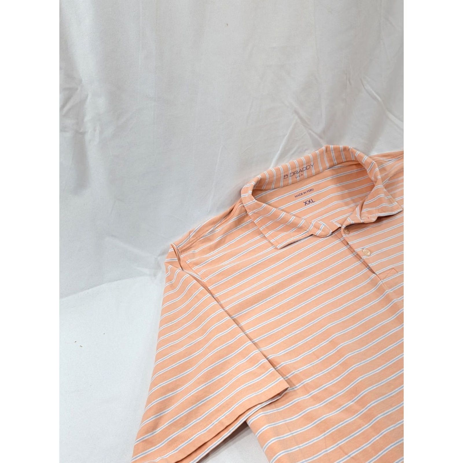 Vintage B. Draddy Polo Shirt Mens 2XL Short Sleeve Striped Cotton Spandex Peach Golf Pocket Logo Embroidered Size US XXL / EU 58 / 5 - 2 Thumbnail
