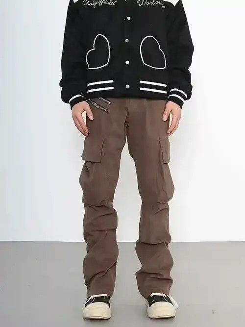image of Vintage Zipper Punk Fade Pleated Flared Cargo Pants in Brown, Men's (Size 32)