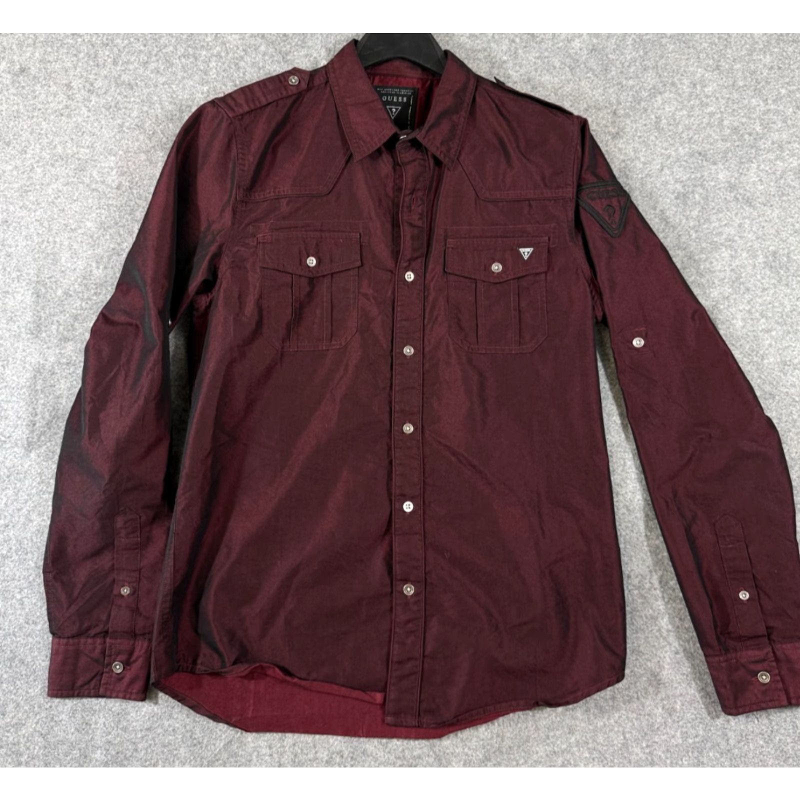 Guess GUESS Iridescent Shirt Mens S Maroon Red Long Sleeve Shoulder Epaulets Button Up Pockets 90s Size US S / EU 44-46 / 1 - 2 Thumbnail