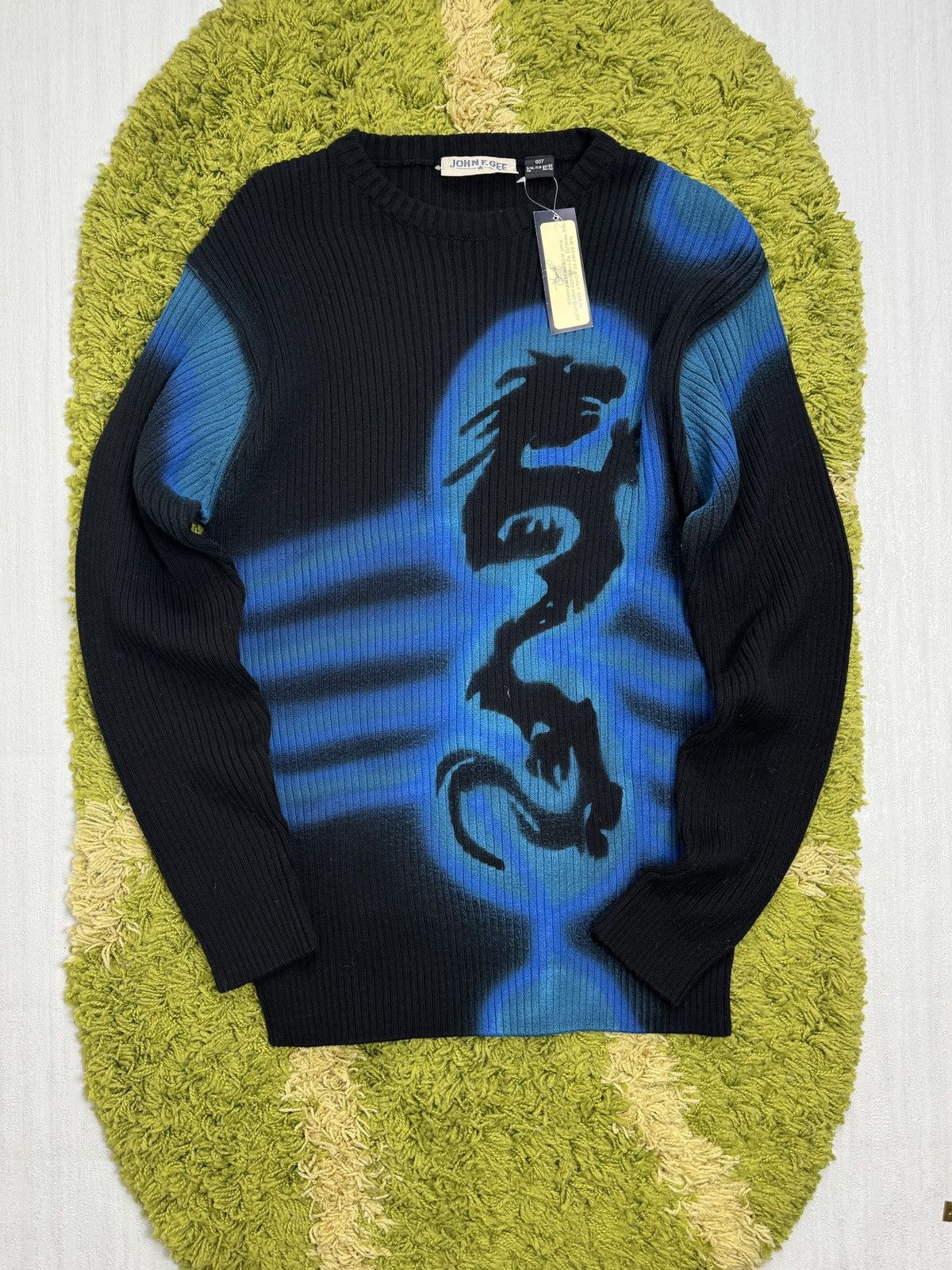 Diesel × Vintage 90s John F. Gee Drago Print Striped Sweater Size US XL / EU 56 / 4 - 1 Thumbnail