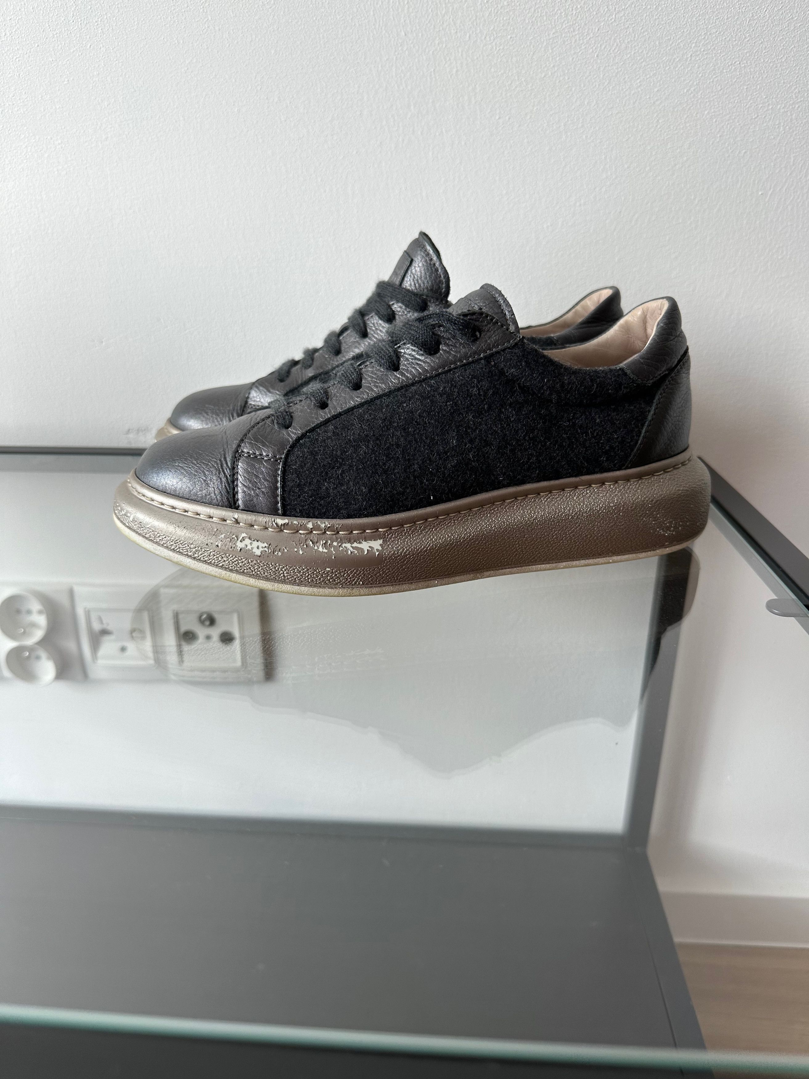 Brunello Cucinelli Brunello Cucinelli Dark Grey Wool Leather Platform Sneakers Size US 8.5 / IT 38.5 - 1 Thumbnail