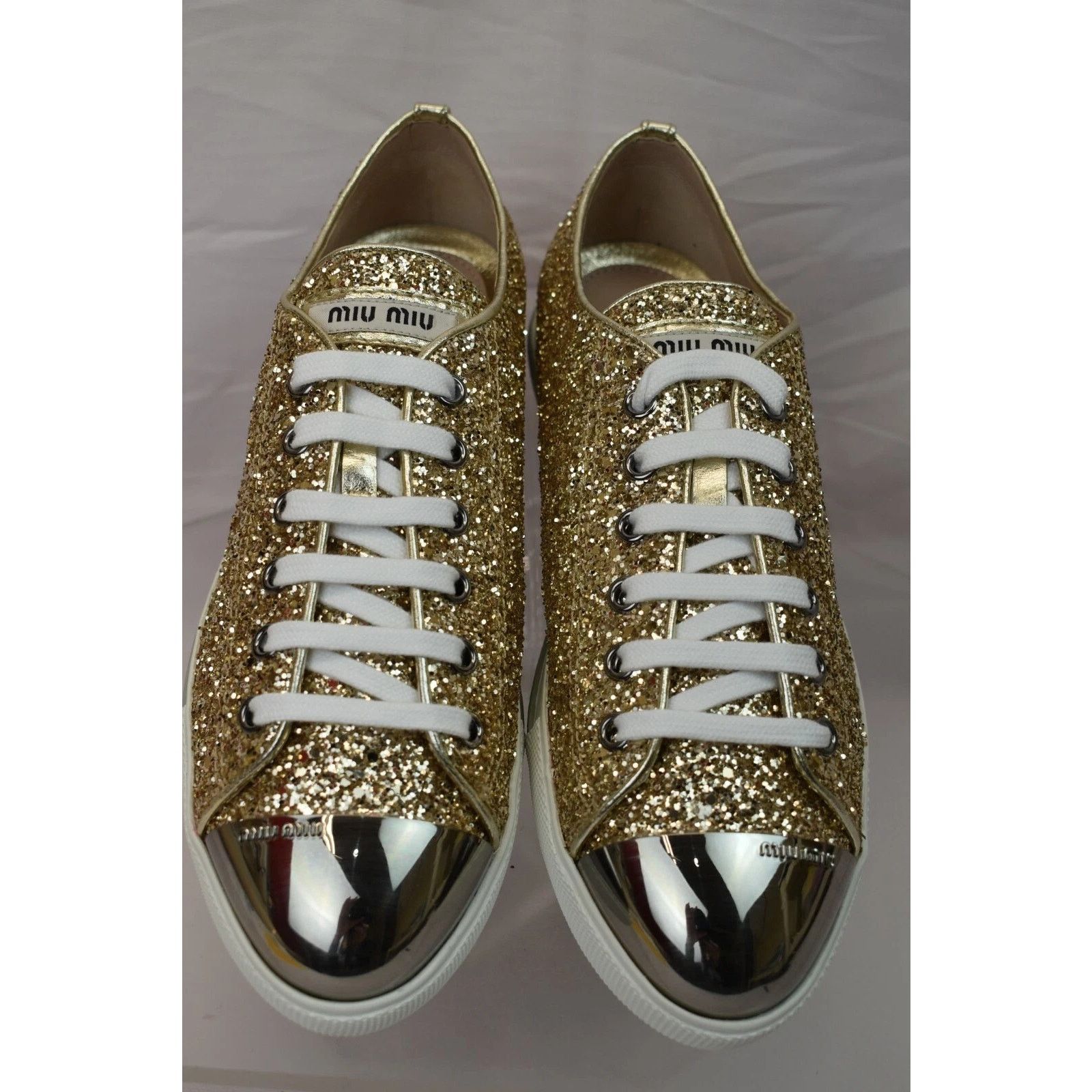 Miu Miu MIU MIU PRADA 5E8998 GOLD GLITTER METAL LOGO SNEAKERS 40.5 Size US 10.5 / IT 40.5 - 2 Thumbnail