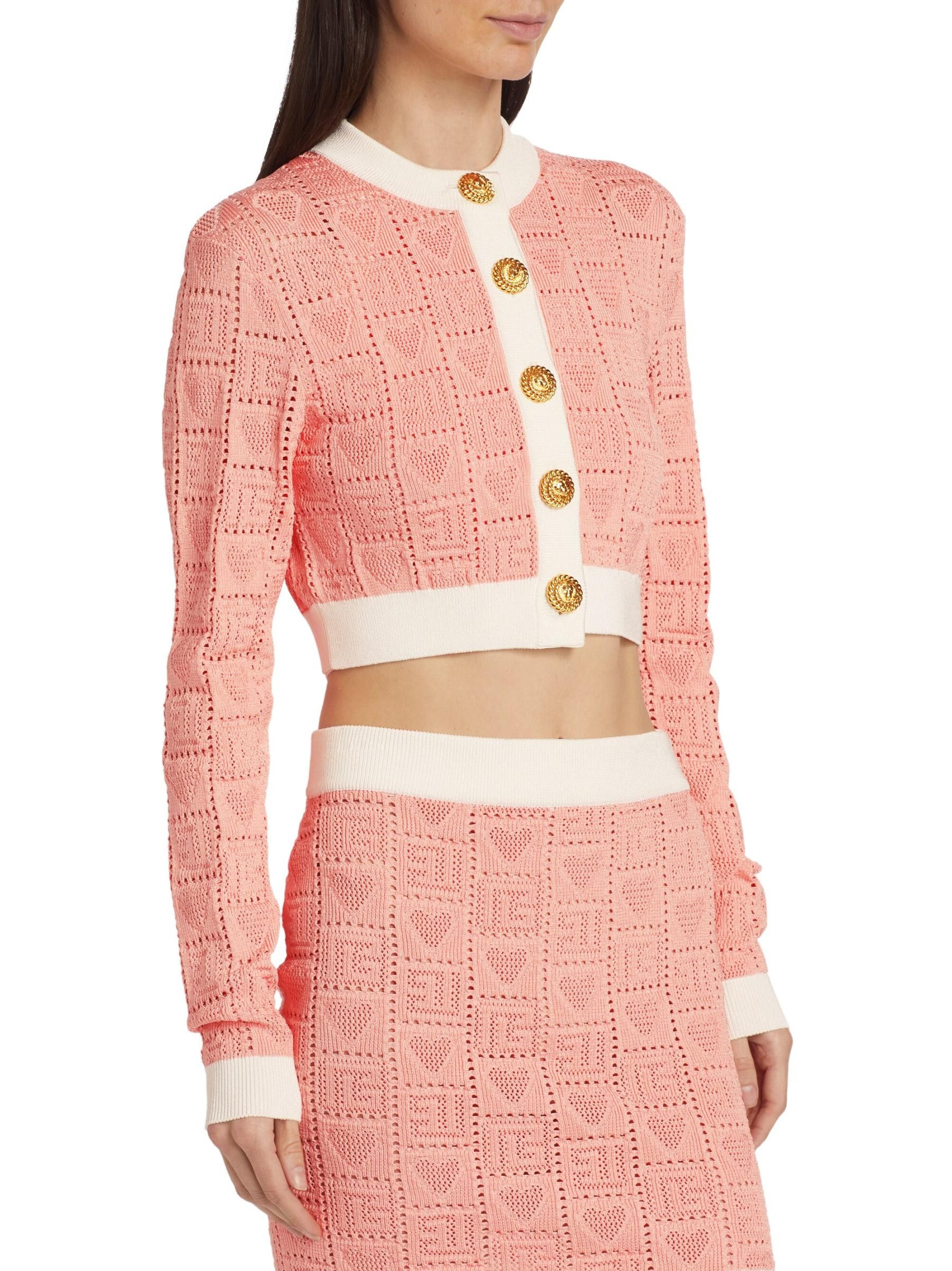Balmain o1s1wg110725 Heart Point Knit Crop Cardigan in Light Pink Size S / US 4 / IT 40 - 2 Thumbnail