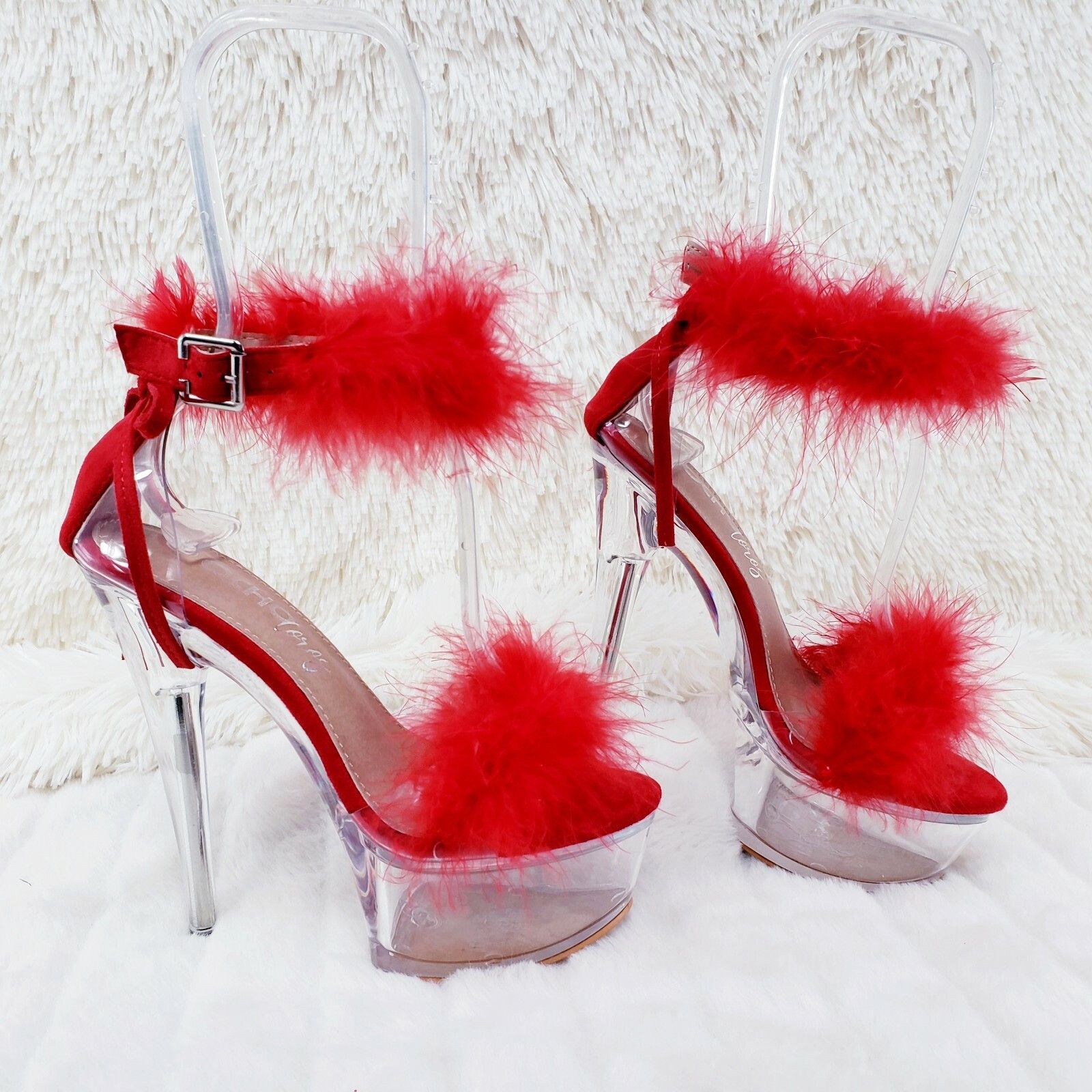 Other Red Marabou Feather Platform Shoes Sandals 6" High Heel Sand Size US 7.5 / IT 37.5 - 9 Thumbnail
