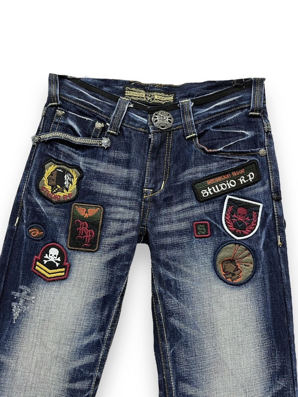 STUDIOUS FYE🔥STUDIO RP Punk Skull Patches Whiskered Blue Flare Denim Size US 28 / EU 44 - 1 Thumbnail