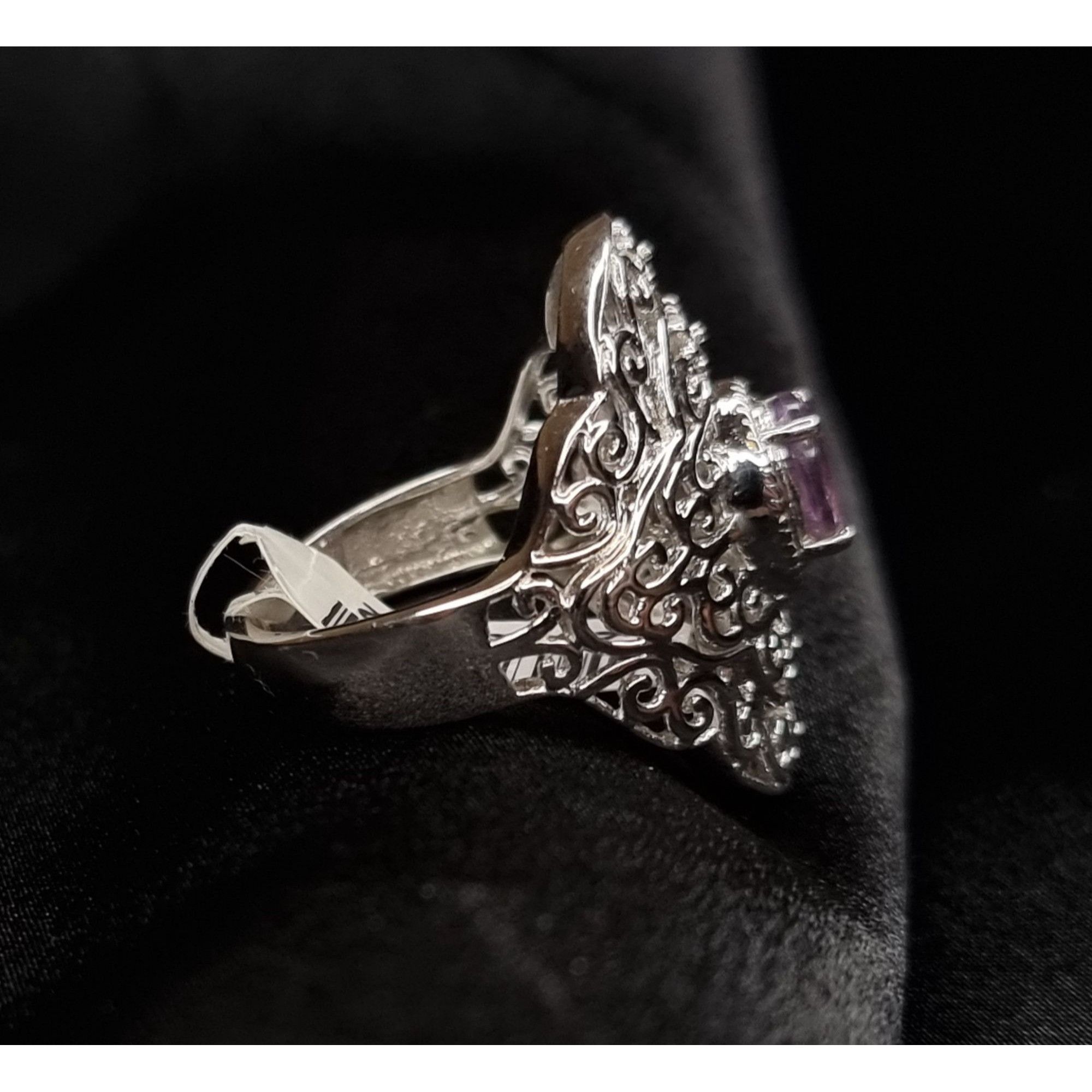 Vintage Sterling Silver 925 Filigree Ring With Oval Amethyst Gemston Size ONE SIZE - 4 Thumbnail