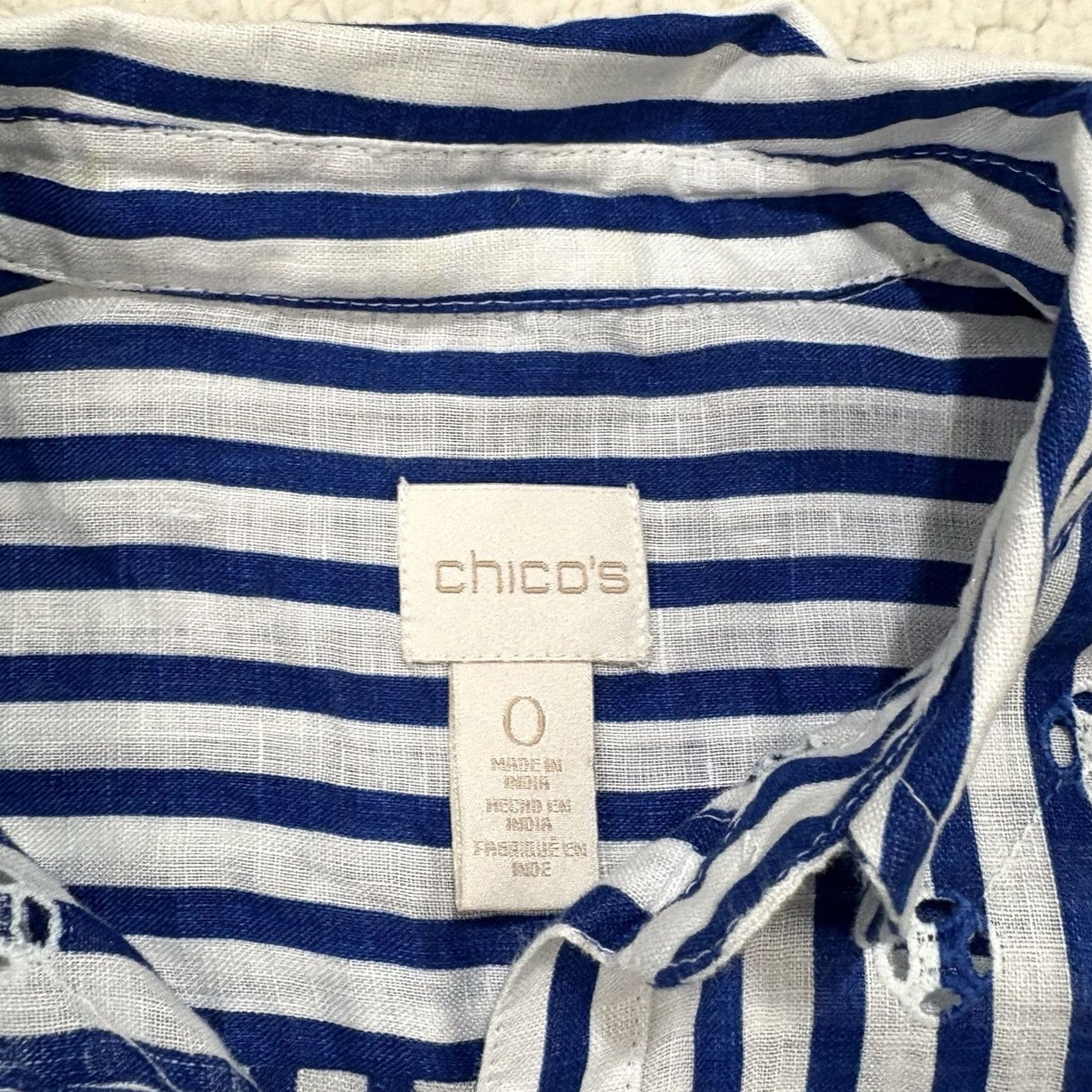 Vintage Chico's Button-Up Linen Blue & White Stripe Eyelet Embroidered Top, Size S, 3/4 Sleeve, Collared, Lightweight, Breathable, Regular Fit, Women Size S / US 4 / IT 40 - 2 Thumbnail