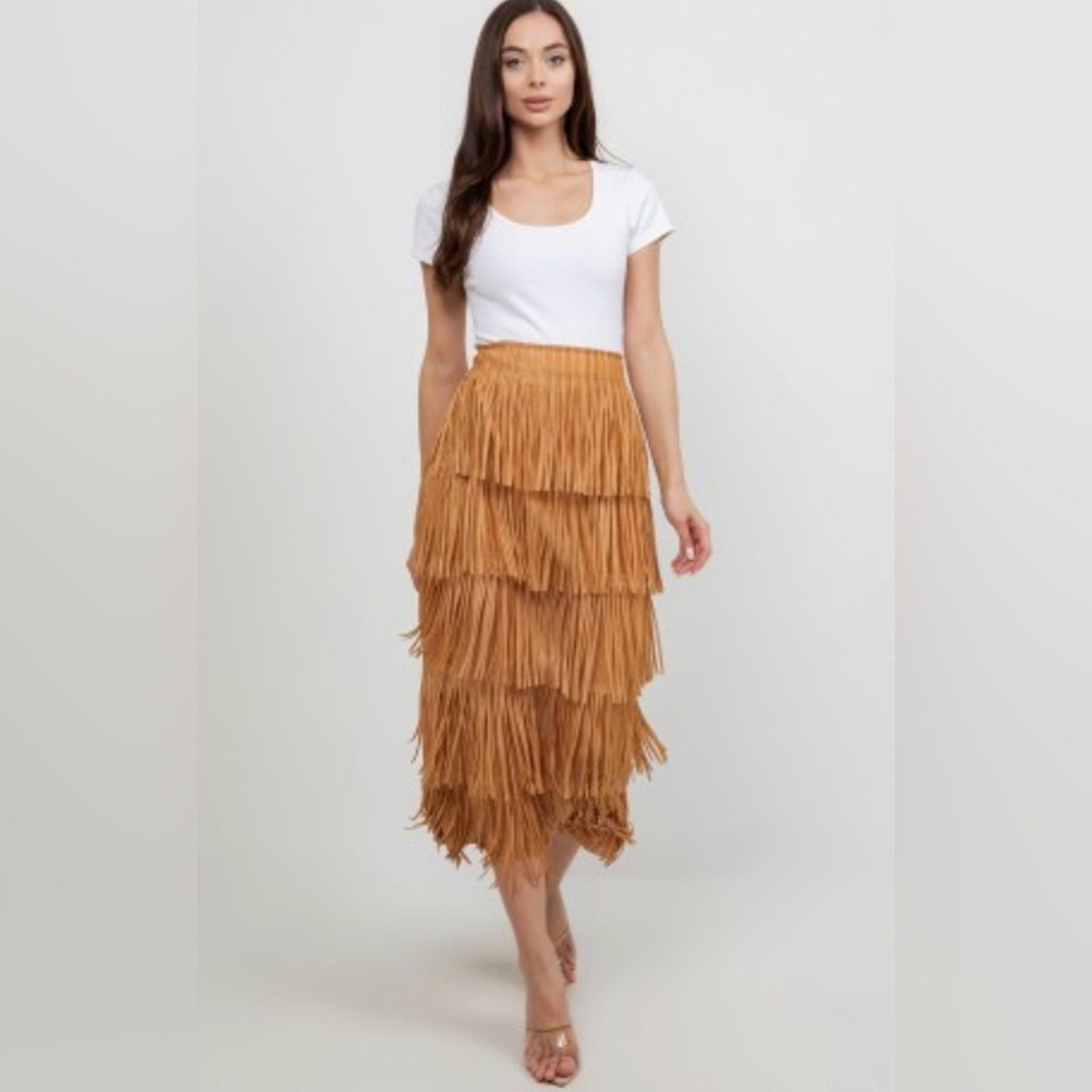 Other New Boho Western Style Fringed Tan Skirt size S Size 27" / US 4 / IT 40 - 1 Thumbnail