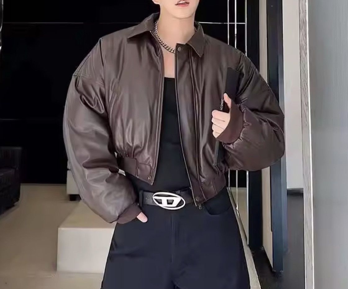 Japanese Brand CROPPED Vegan Leather Bomber Jacket - Boxy Streetwear Puffer Size US M / EU 48-50 / 2 - 7 Thumbnail
