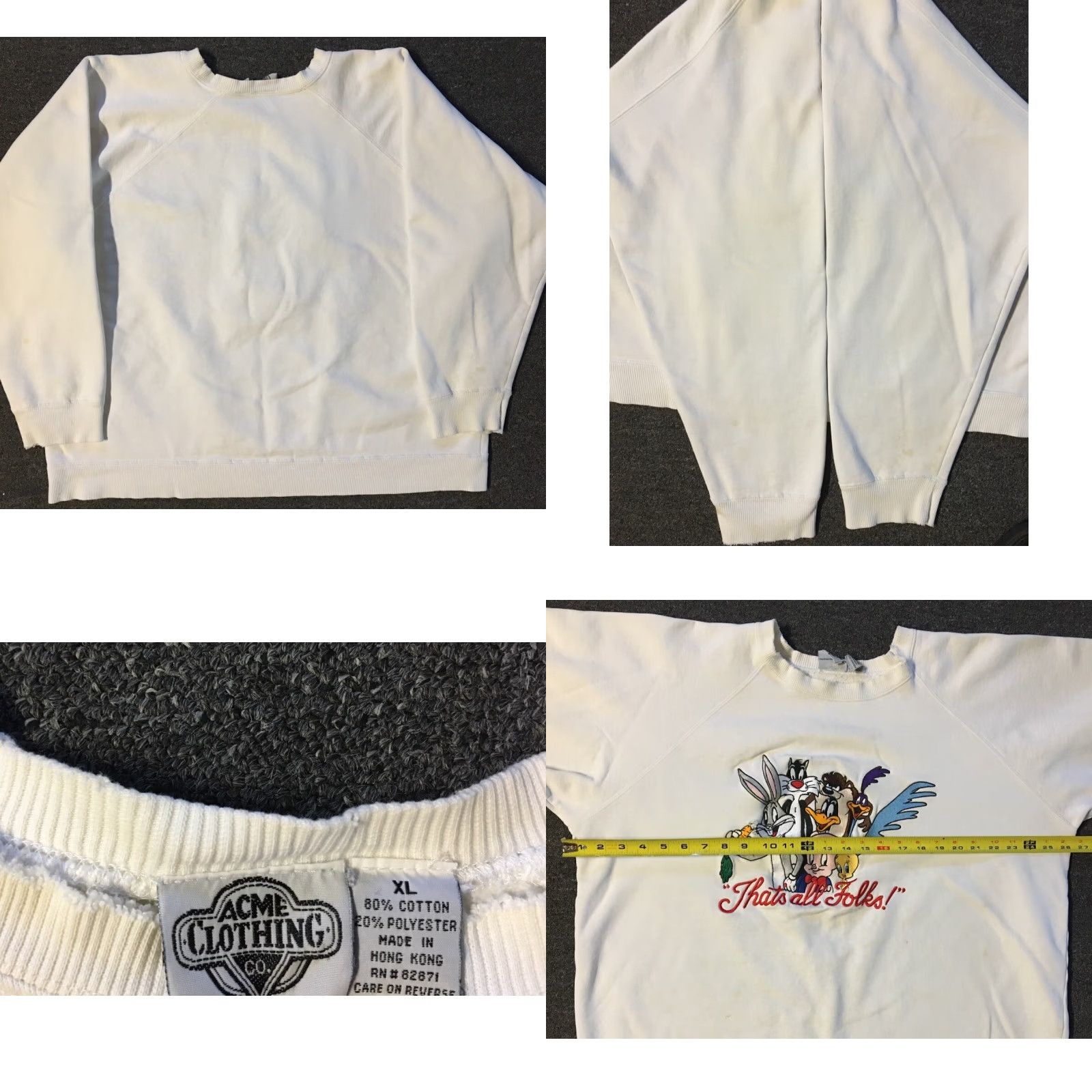 Vintage VINTAGE Looney Tunes Sweatshirt Boxy XL White Embroidered 90s Thrashed Faded Distressed Pullover Hoodie Mens Nike? Wait no. Size US XL / EU 56 / 4 - 8 Thumbnail
