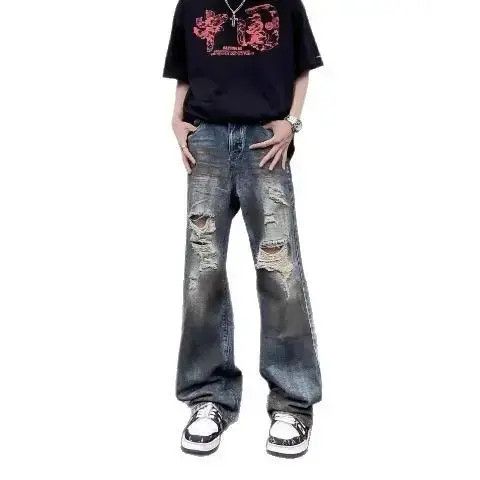 Japanese Brand Retro loose straight leg ripped jeans Size US 32 / EU 48 - 5 Thumbnail