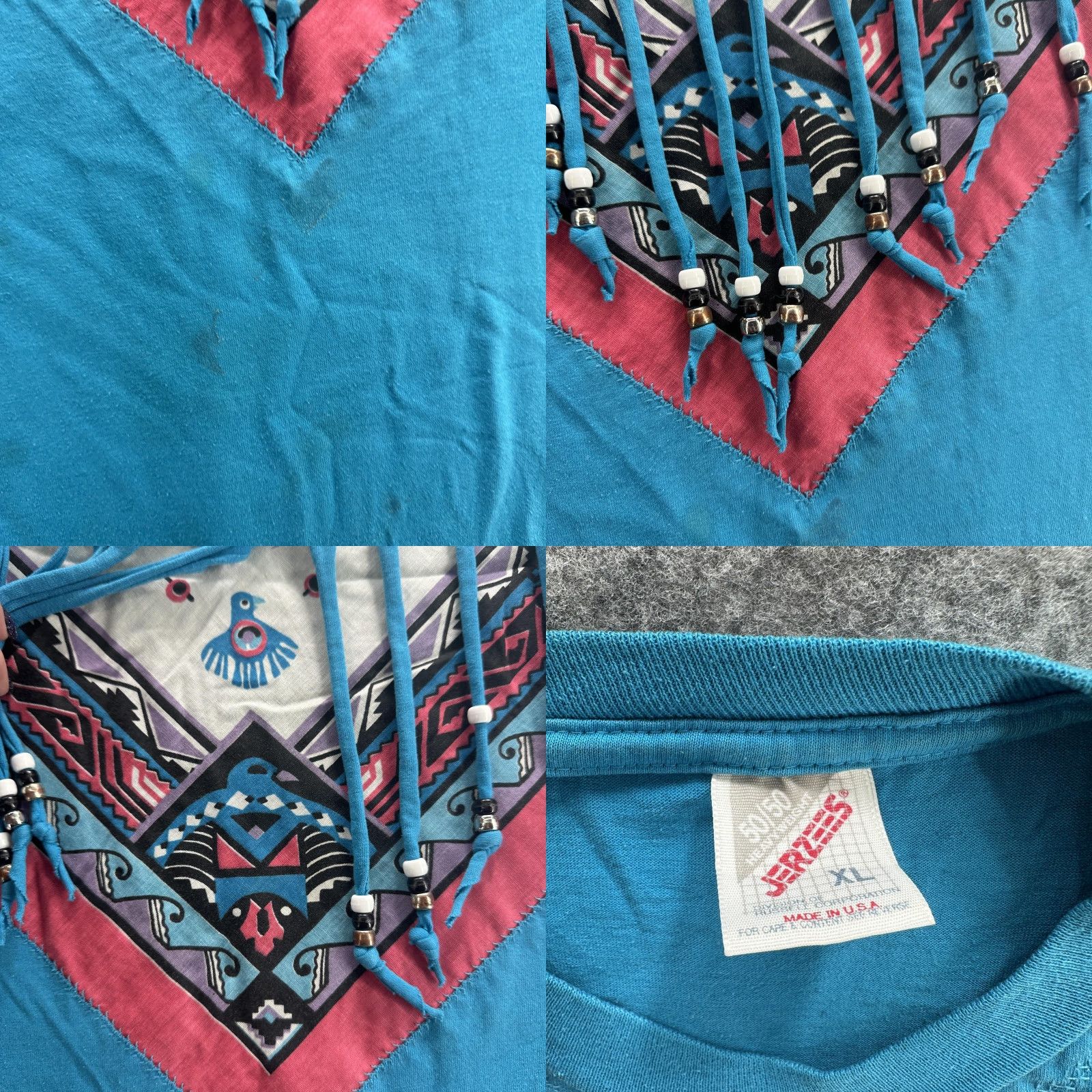 Jerzees Vintage Jerzees Shirt Mens XL Blue Aztec Fringe Beads Southwestern USA 90s Size US XL / EU 56 / 4 - 8 Thumbnail