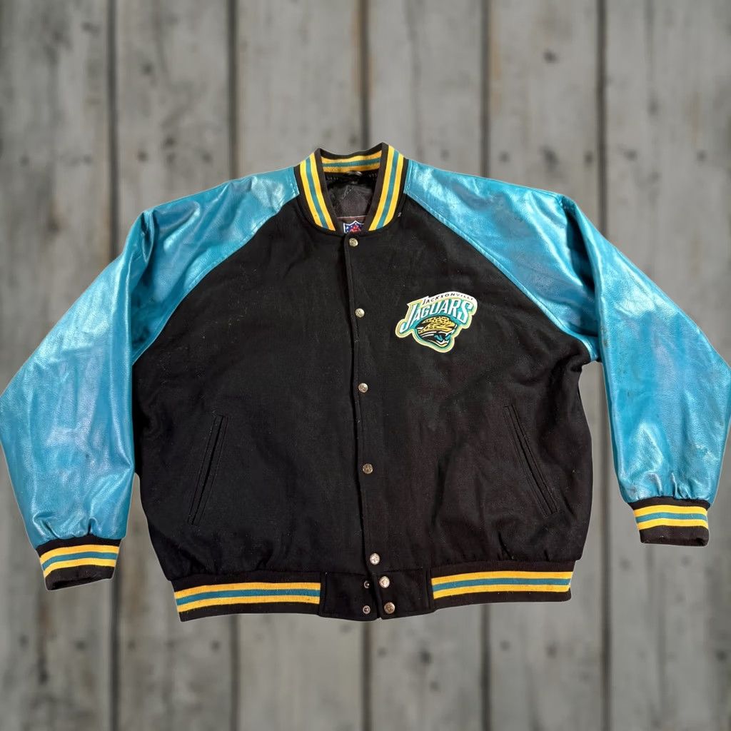 NFL VINTAGE Jacksonville Jaguars Varsity Jacket Mens XL Black Teal Leather Wool Logo Snap-Front Embroidered Rugby Character? Size US XL / EU 56 / 4 - 1 Thumbnail