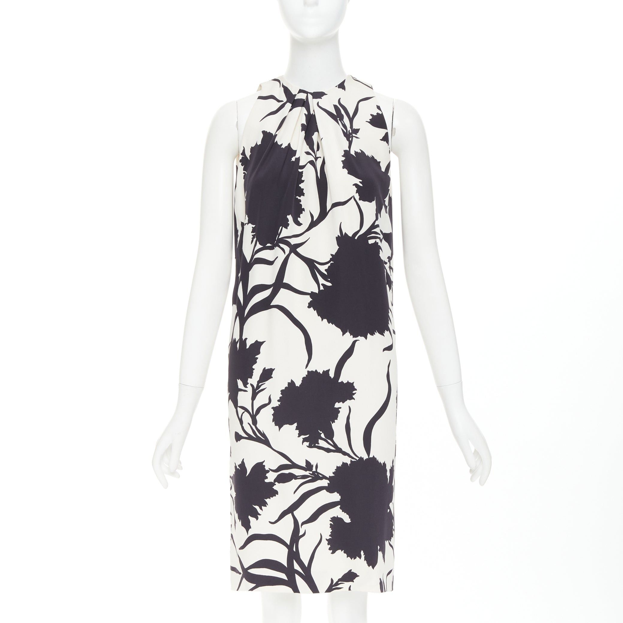 CHRISTIAN DIOR cream black 100% silk bold floral print ruched neckline dress FR36 S