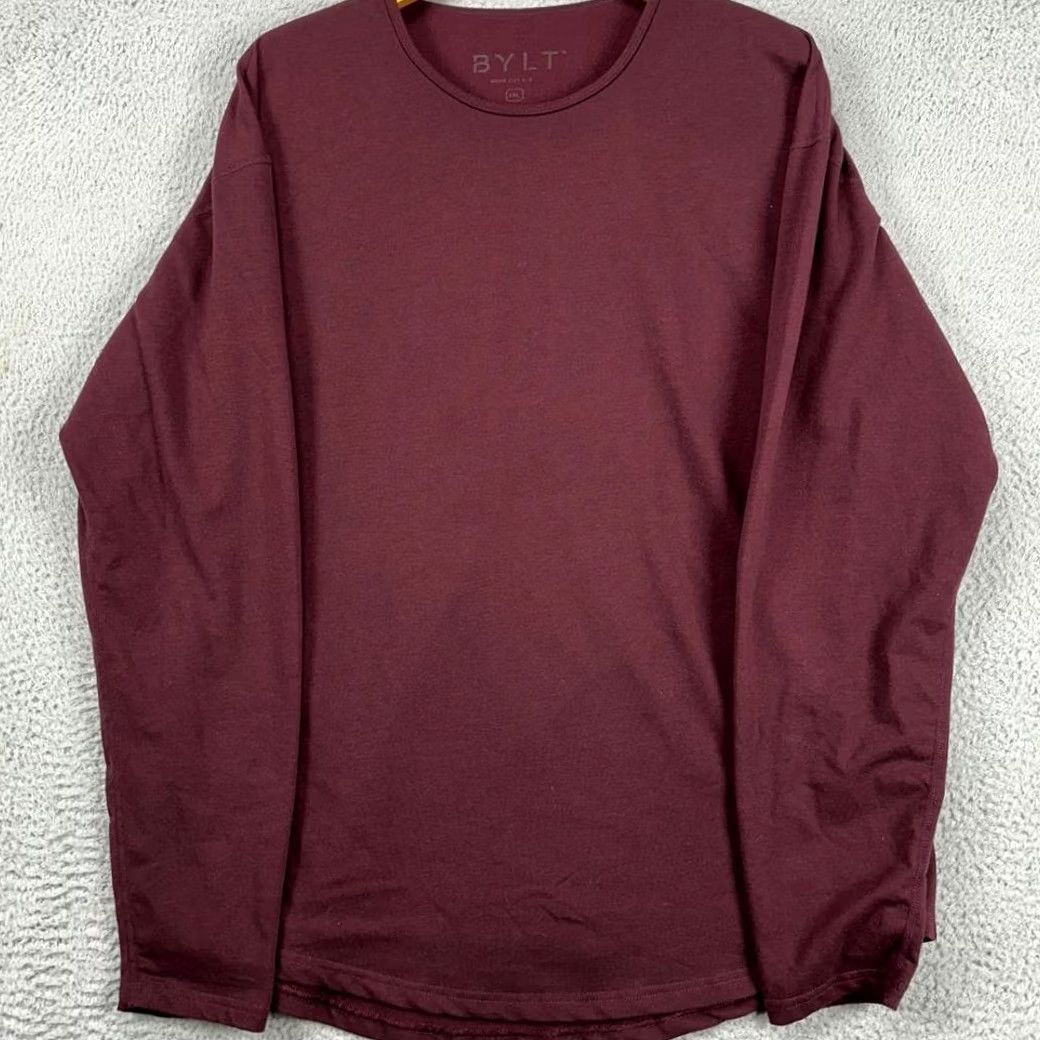 Vintage Bylt Drop Cut T-Shirt Mens 2XL Long Sleeve Crew Neck Maroon Red Solid Breathable Polyester Shirt Size US XXL / EU 58 / 5 - 2 Thumbnail