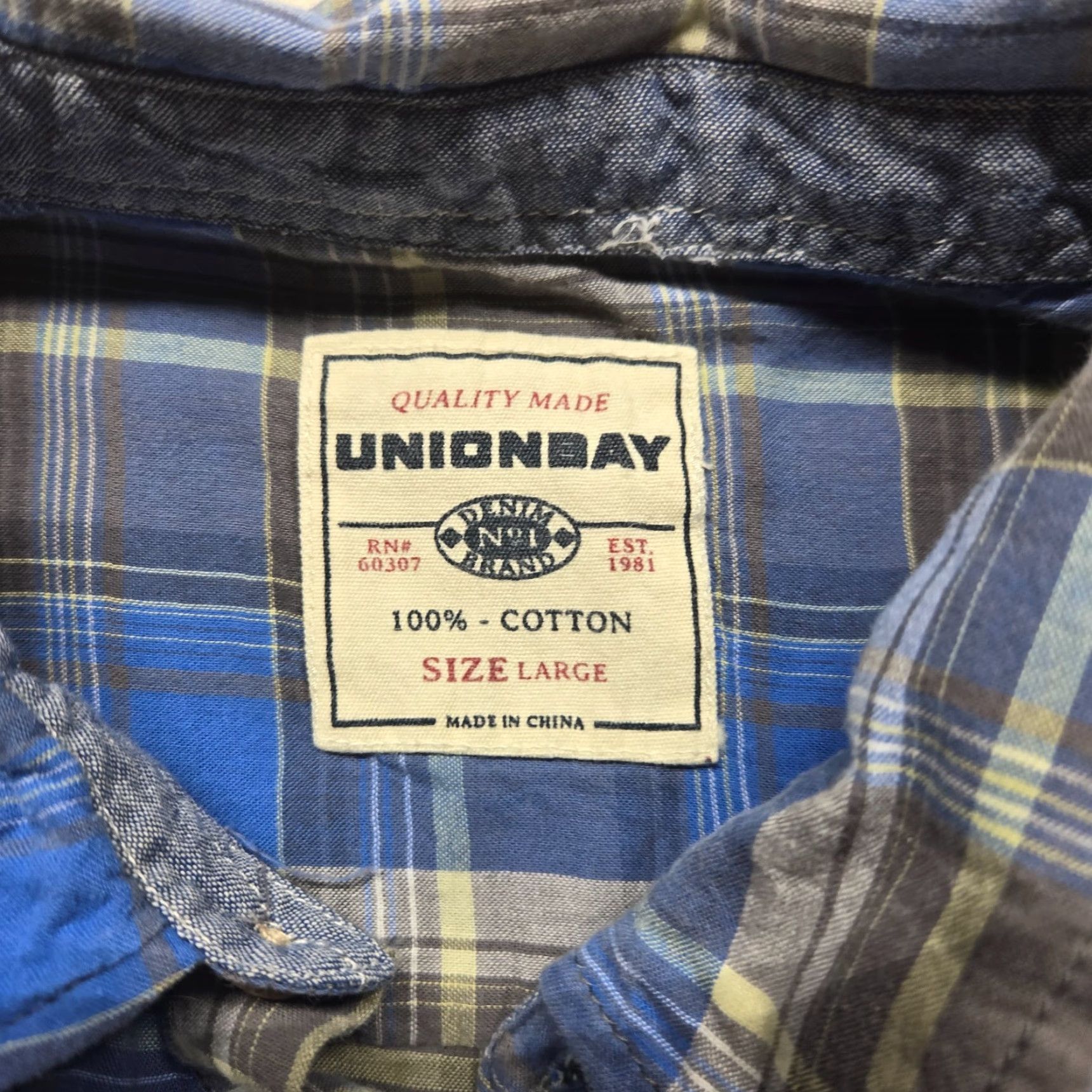 Vintage UNIONBAY Blue Shirt Short Sleeve Button-Down 100% Cotton Men's L Large Casual Plaid - Mens Size US L / EU 52-54 / 3 - 3 Thumbnail