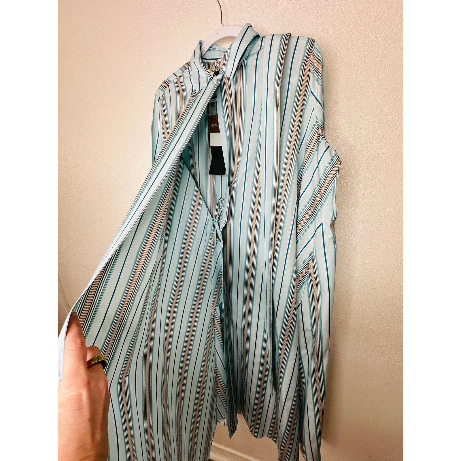 Loro Piana NWT Loro Piana Teal White Stripe Button Tie Sash Wrap Dress Size XL / US 12-14 / IT 48-50 - 7 Thumbnail