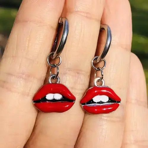 Sterling Silver Sexy Red Lipstick hoops earrings sexy lips and teeth Size ONE SIZE - 3 Thumbnail