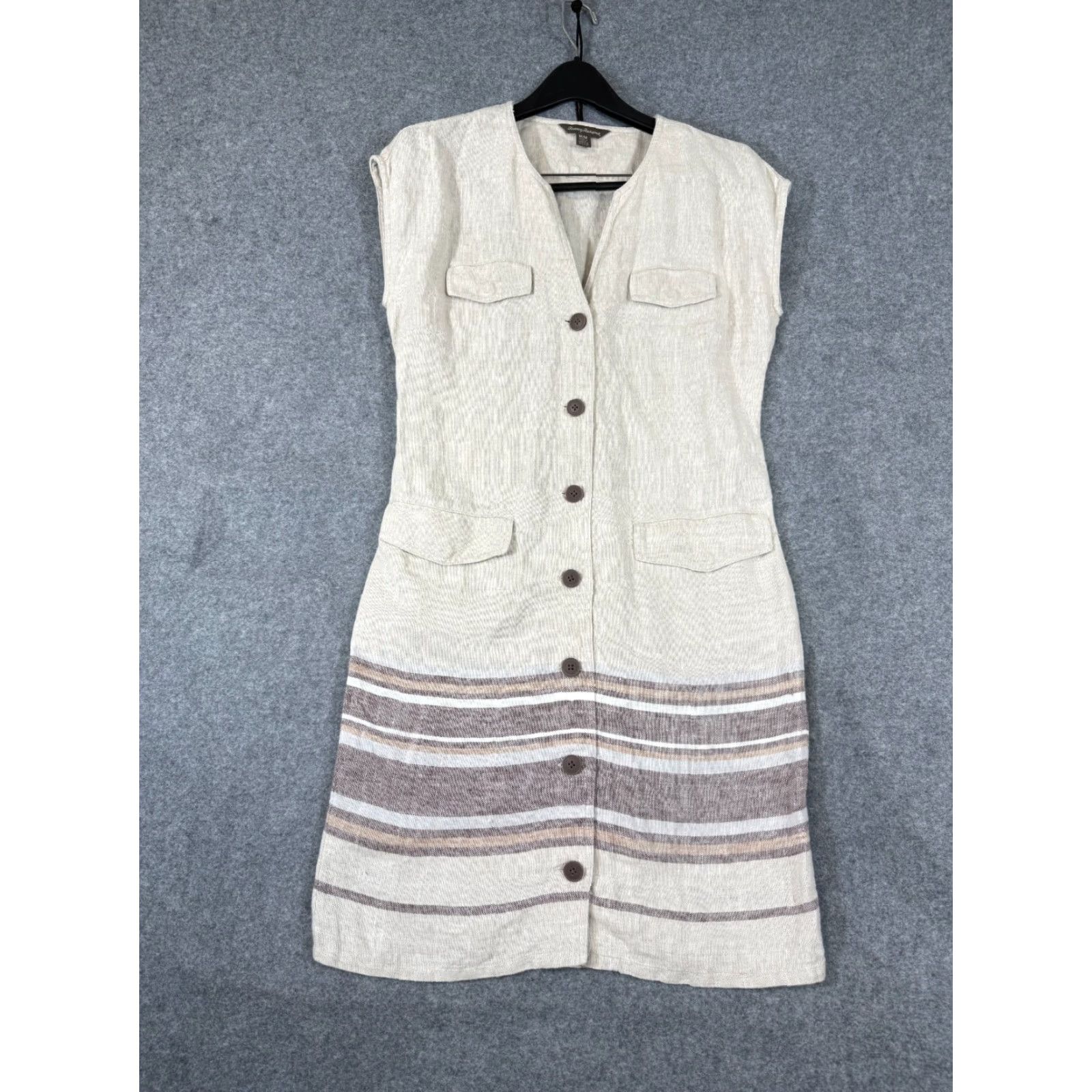 Tommy Bahama Tommy Bahama Linen Dress Womens M Beige Malene Stripe Pockets Button Front Dress Beige M Women’s Linen Dress Pockets Button Front Malene Stripe Size M / US 6-8 / IT 42-44 - 2 Thumbnail