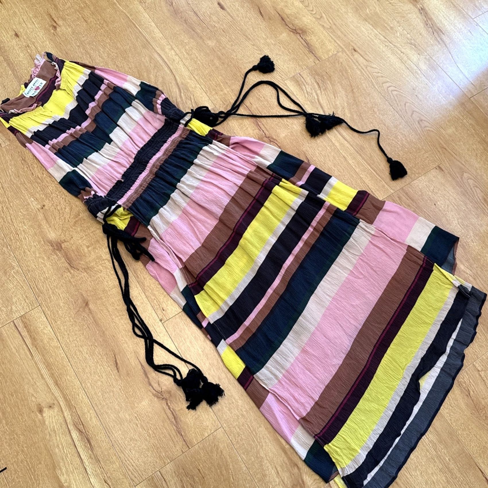 Apiece Apart Apiece Apart La Rosa Midi Dress 6 Striped Silk Chiffon Layered Boho Tassel Dress Woman A-Line Sundress Yellow Silk Chiffon 6 Size M / US 6-8 / IT 42-44 - 3 Thumbnail