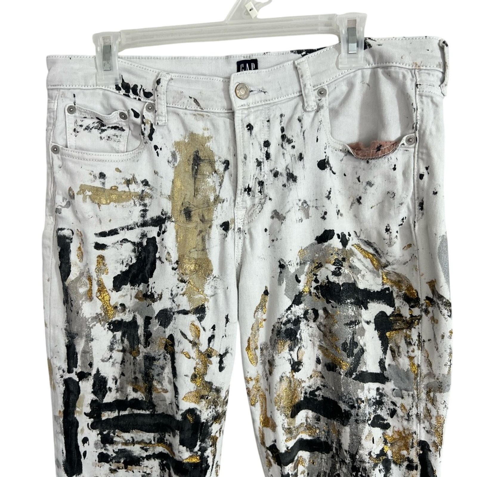 Gap Men’s Gap White Denim Jeans abstract paint splatter 31x26 Size US 31 - 4 Thumbnail