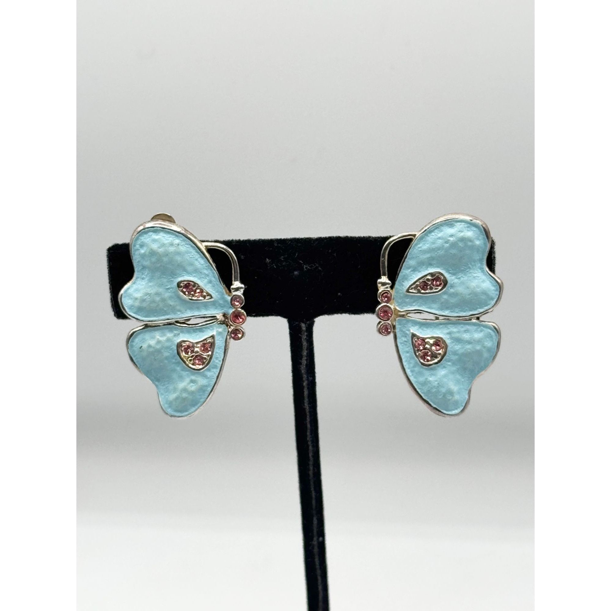 Vintage Blue enamel pink rhinestone butterfly clip on earrings Size ONE SIZE - 1 Thumbnail