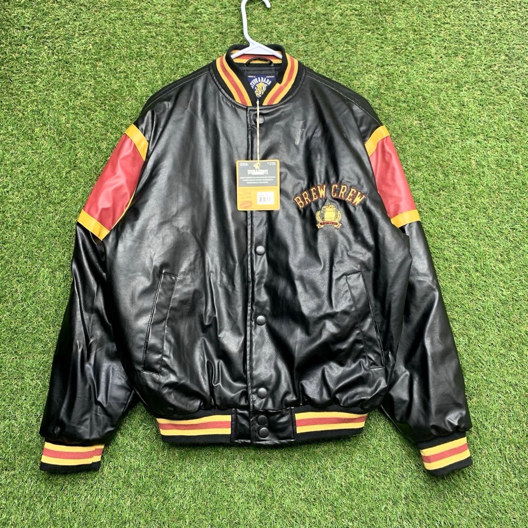Vintage Steve & Barry’s Brew Crew Varsity Jacket Mens S Leather NWT Black 90s Army Beer College Logo Embroidered Snap Mid-Length Jacket Size US S / EU 44-46 / 1 - 2 Thumbnail