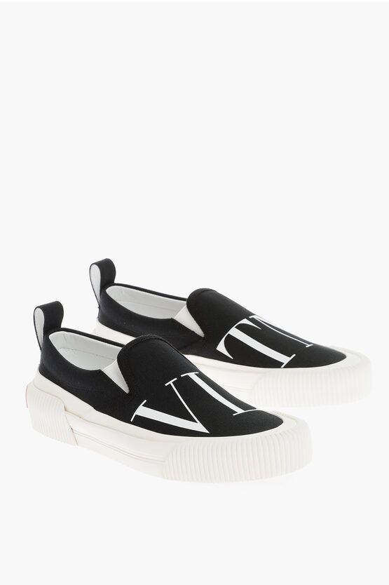 image of Valentino Canvas Slip-On Sneakers With Logo Print in Black, Men's (Size 8)