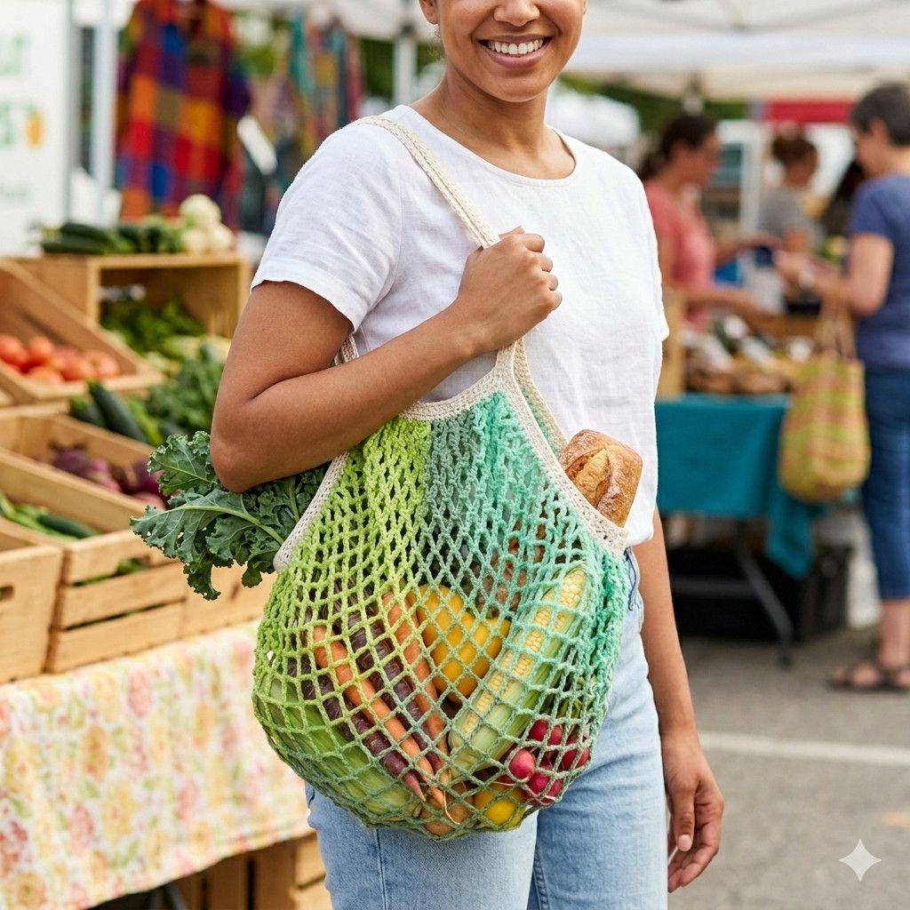 Handmade Farmers Market Bag Handmade Green Crochet French Net Sack Size ONE SIZE - 4 Thumbnail