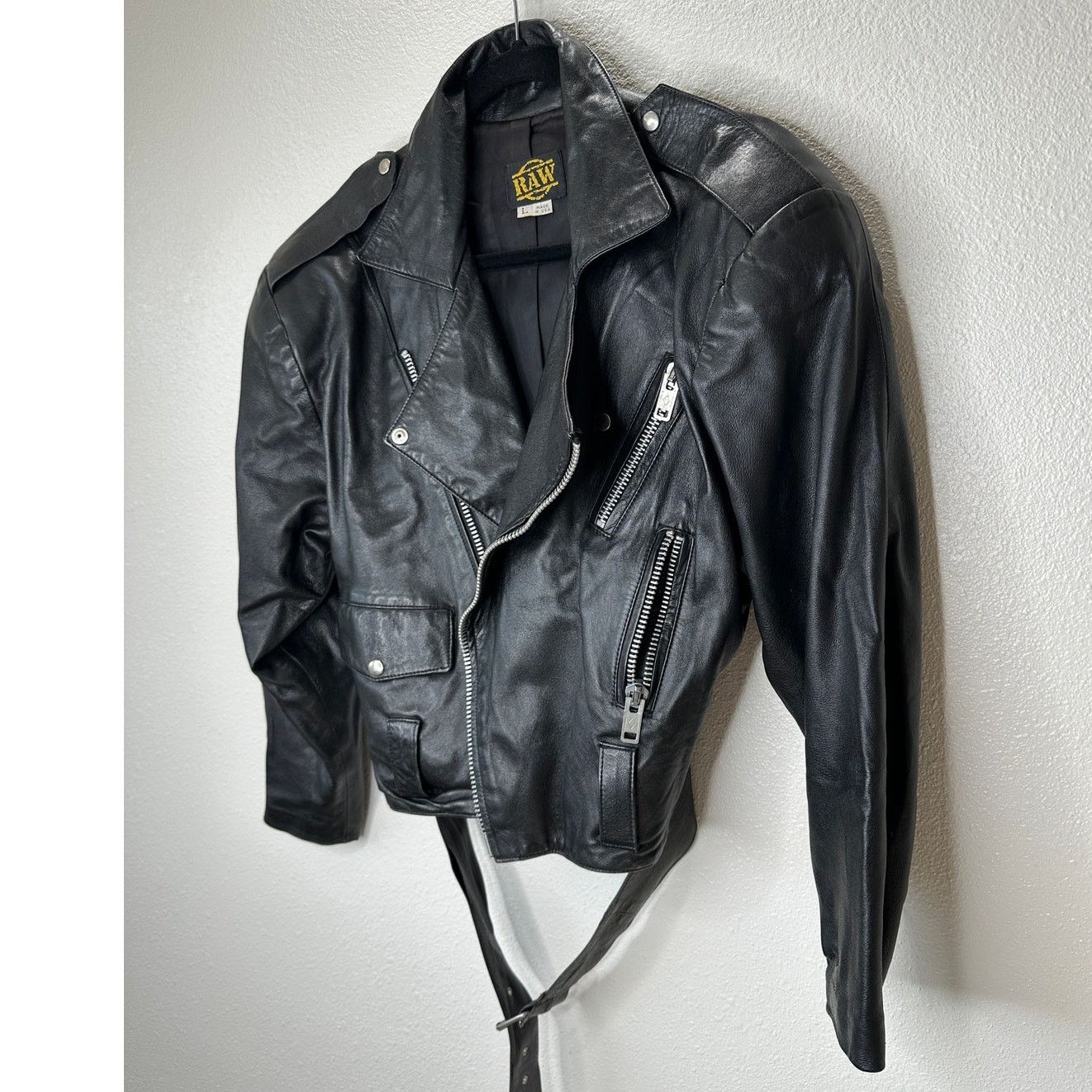 Other Raw Black Leather Silver Zip & Hardware Belted Moto Jacket L Size L / US 10 / IT 46 - 4 Thumbnail