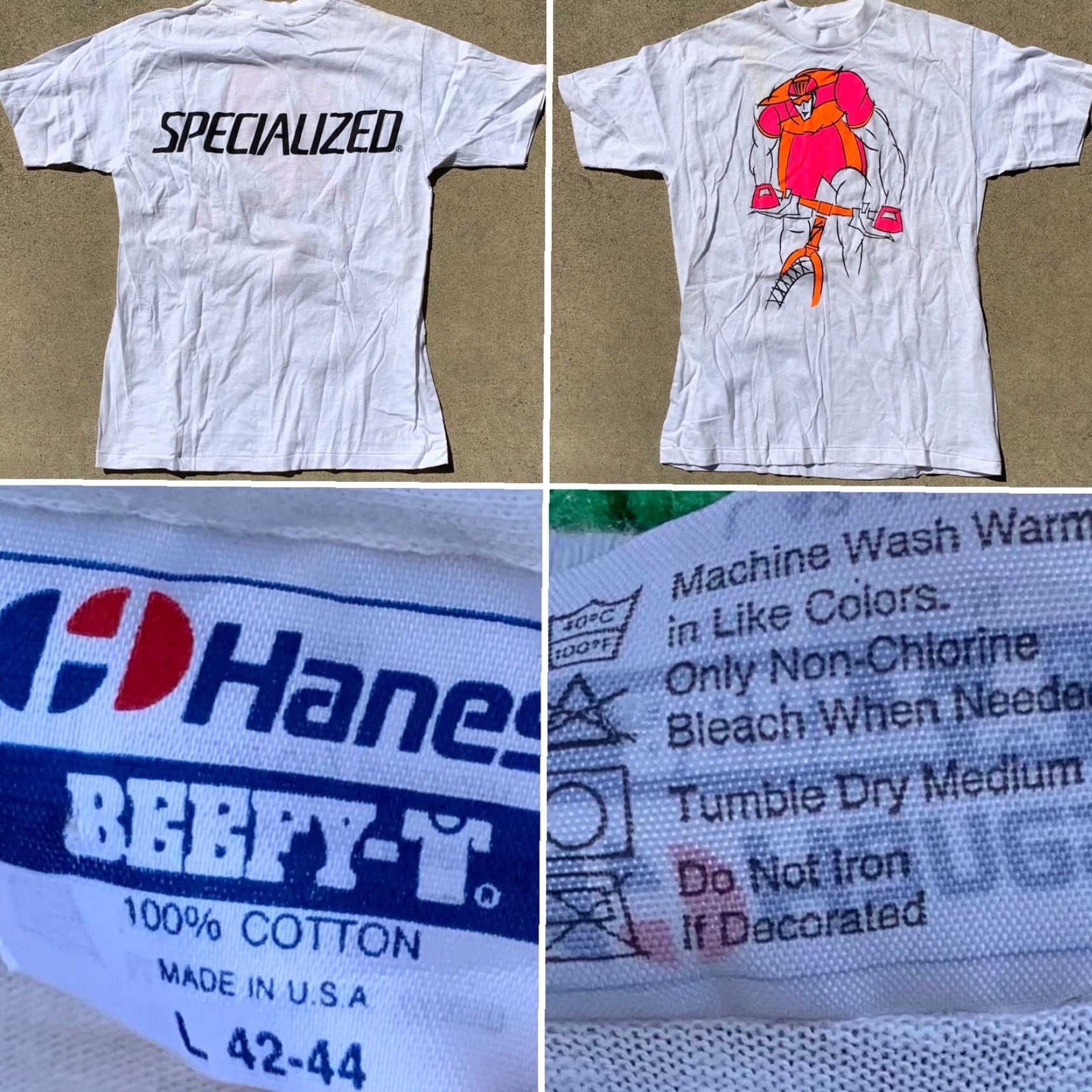 Hanes vintage Specialized t shirt cycling neon graphics Tee 1980s 80s 90s size L Men White Cotton Graphic Tee Hanes Regular Short Sleeve - Mens Size US L / EU 52-54 / 3 - 7 Thumbnail