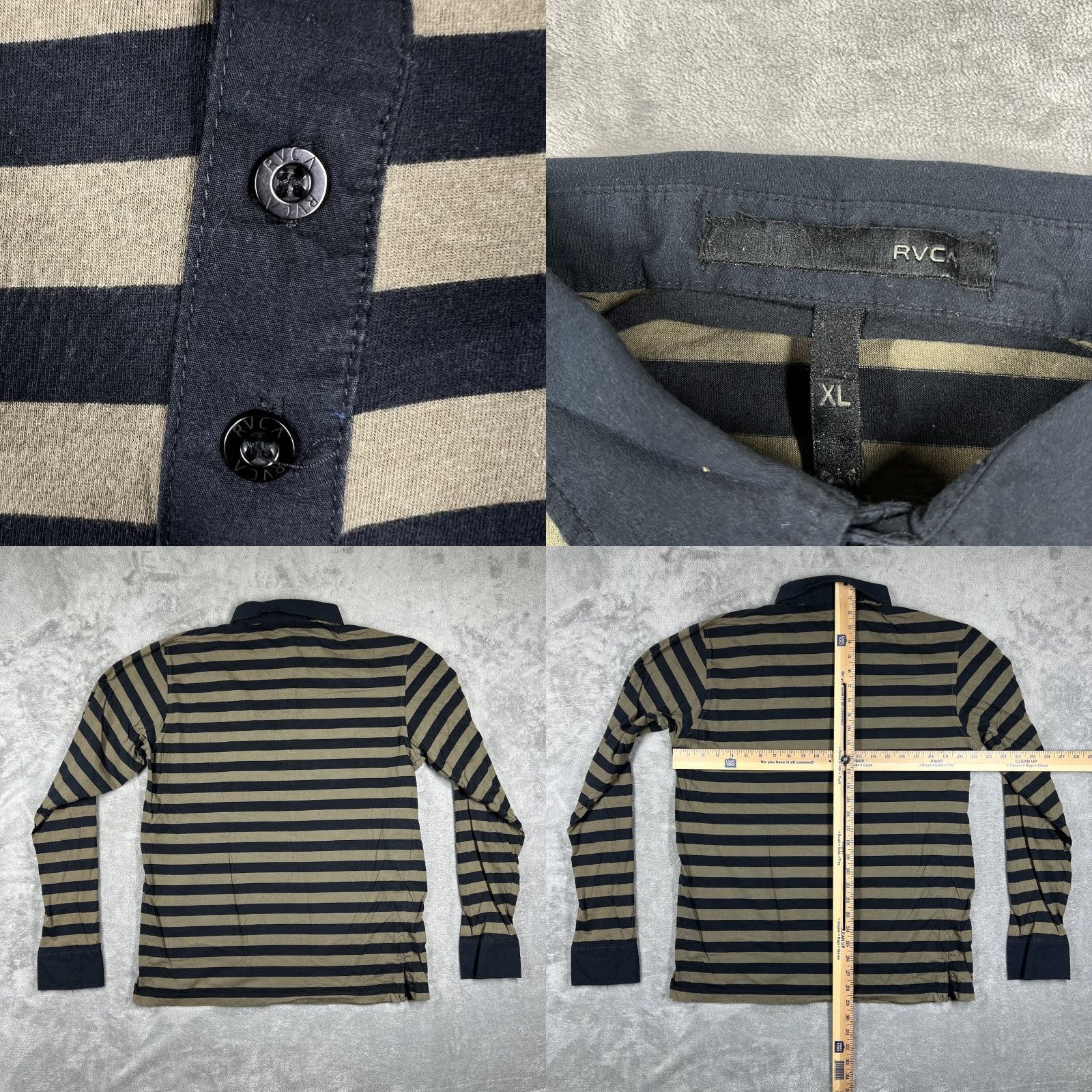 RVCA RVCA Men's XL Long Sleeve Polo Shirt Striped Olive Green Black 5 Button Size US XL / EU 56 / 4 - 8 Thumbnail